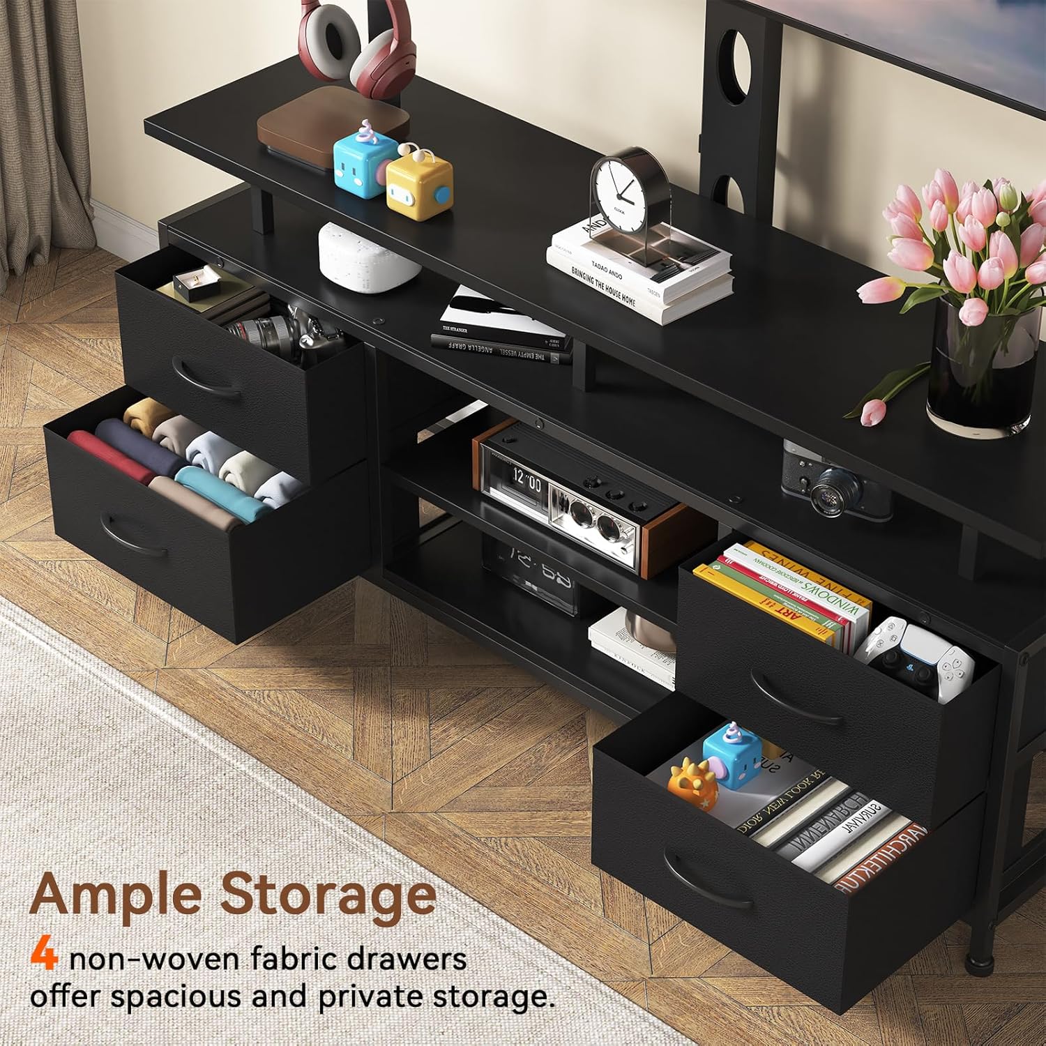 4 Drawers TV Stand Dresser with Mount for 32–75 inch TVs, 4 Tiers TV Console with Storage Shelves, Height Adjustable TV Entertainment Center - Image 4