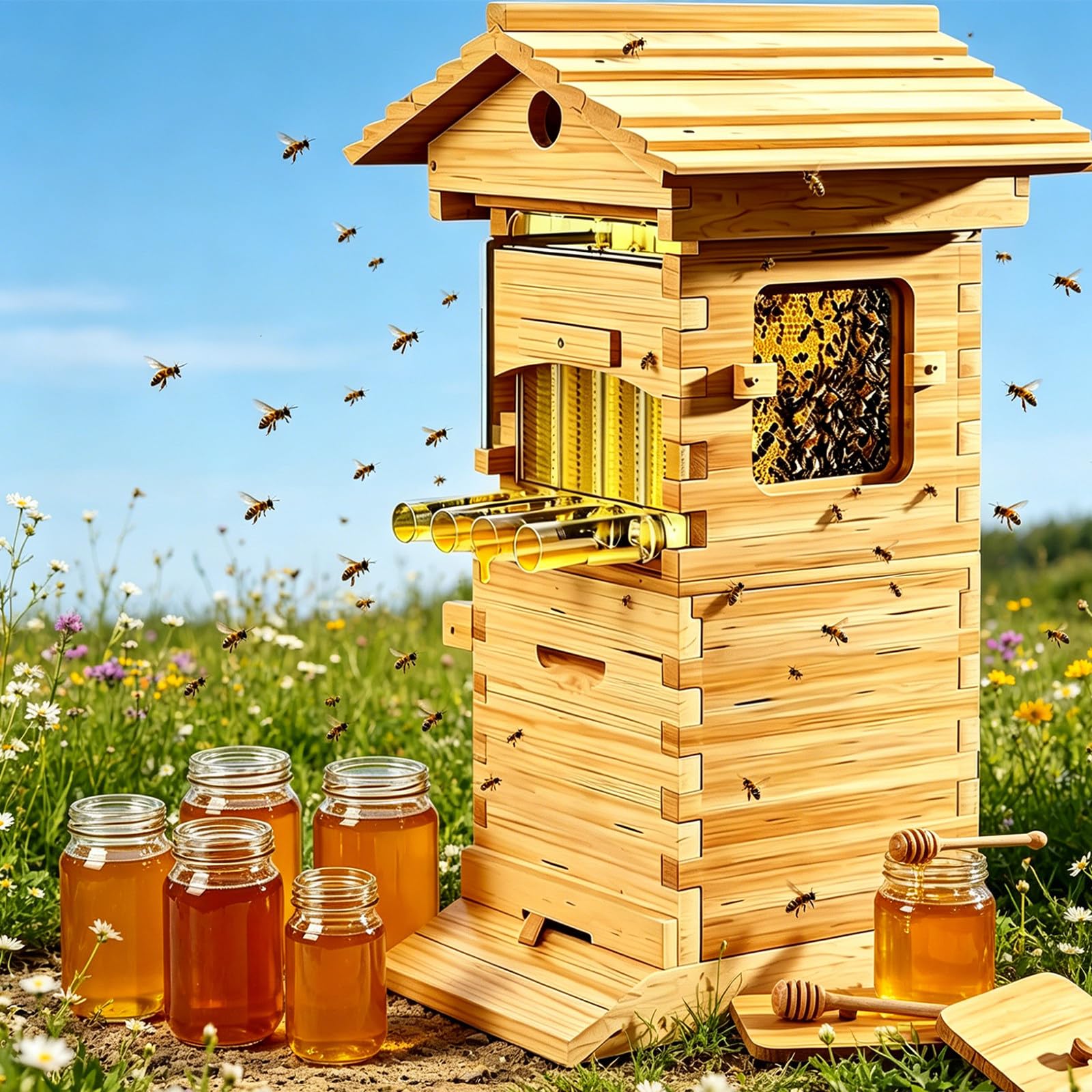 ORIDLECTAL Flow Bee Hive – Auto-flow honey harvesting with observation window; food-grade, easy to assemble, upgraded design, 380×255×710cm; for beekeepers, home, backyard, garden