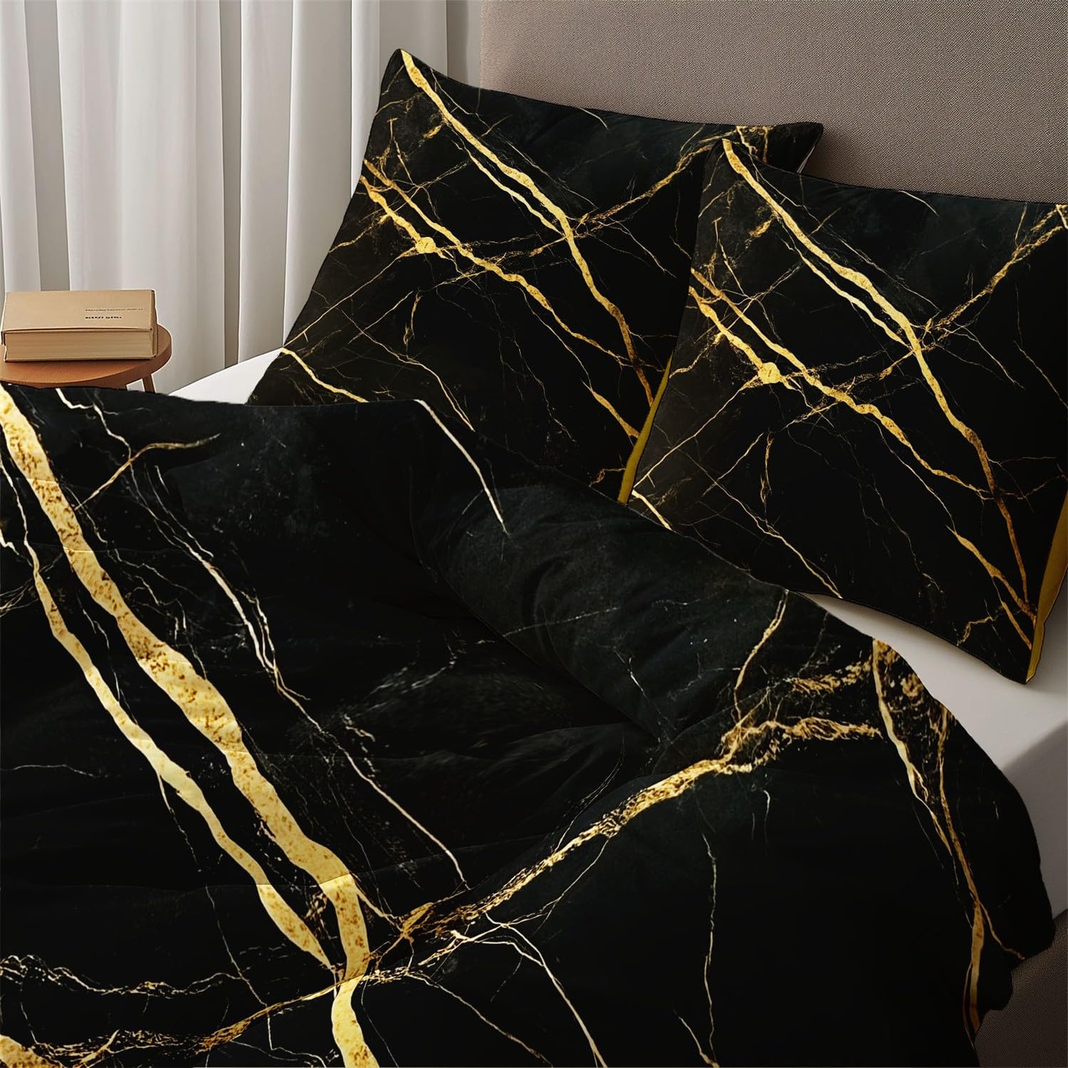 Dwustronna kołdra zestaw pościeli złota tekstura marmurowy wzór nadruk miękka szczotkowana mikrofibra 230 x 220 cm zestawy poszewek na kołdrę - poszewki na poduszki prześcieradło jakość hotelowa