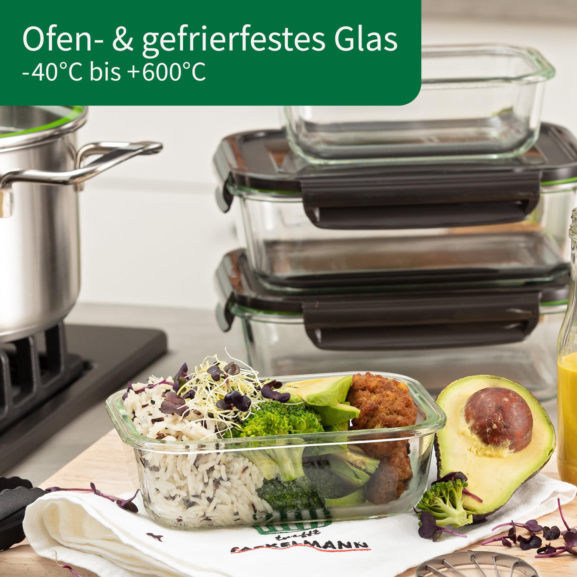 FACKELMANN Chefkoch 8er Set Vorratsdosen – Ideal für Mealprep – 1050ml Borosit-Glas mit Kunststoffdeckel – Mikrowellen- & ofengeeignet – Auslaufsicher und luftdicht
