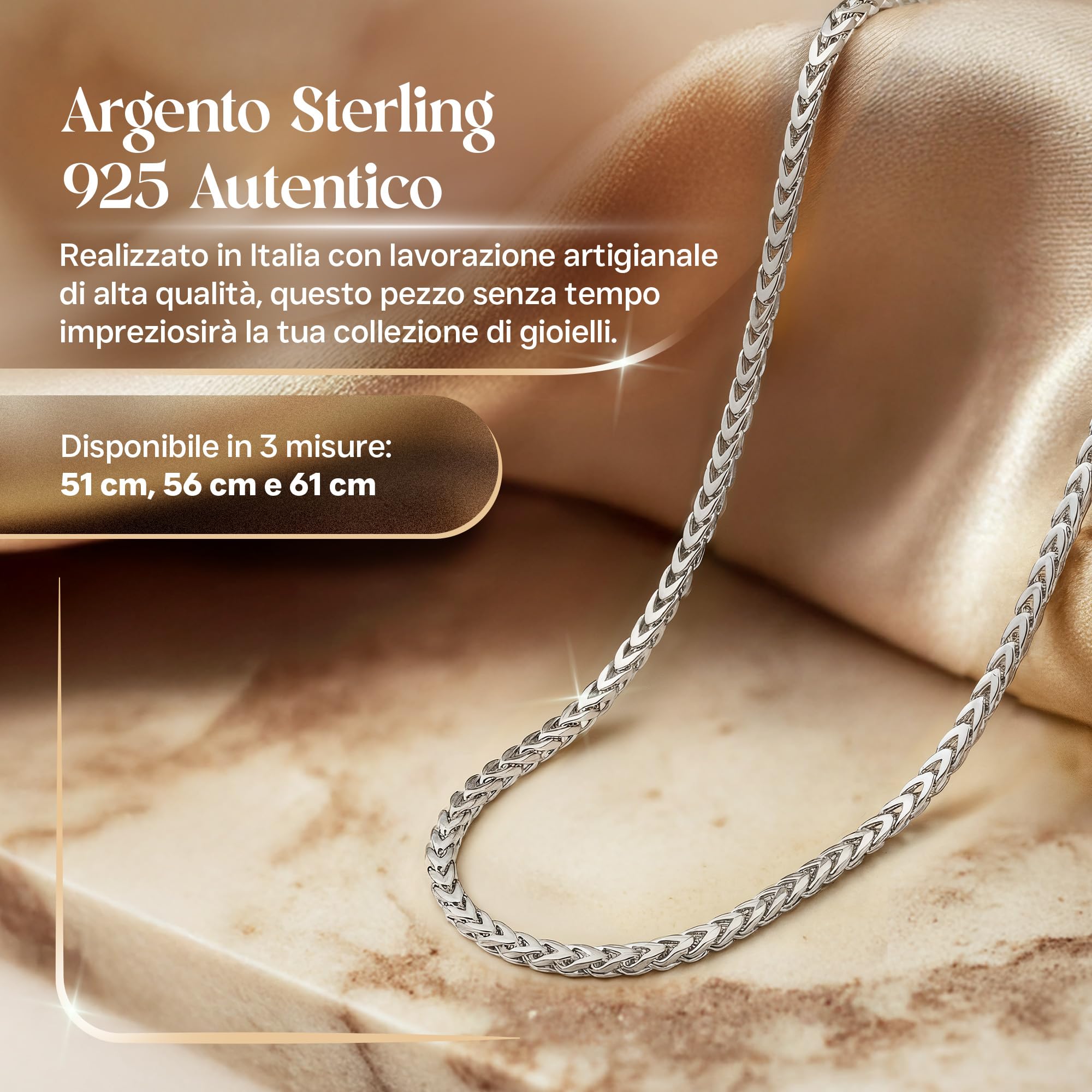 QUADRI Catena in Argento 925 per Uomo e Donna | Collana a maglie Franco di fabbricazione italiana | Catena in Argento per Uomo e Donna | Finitura SILVER PLUS antiossidante | 51–56–61 cm