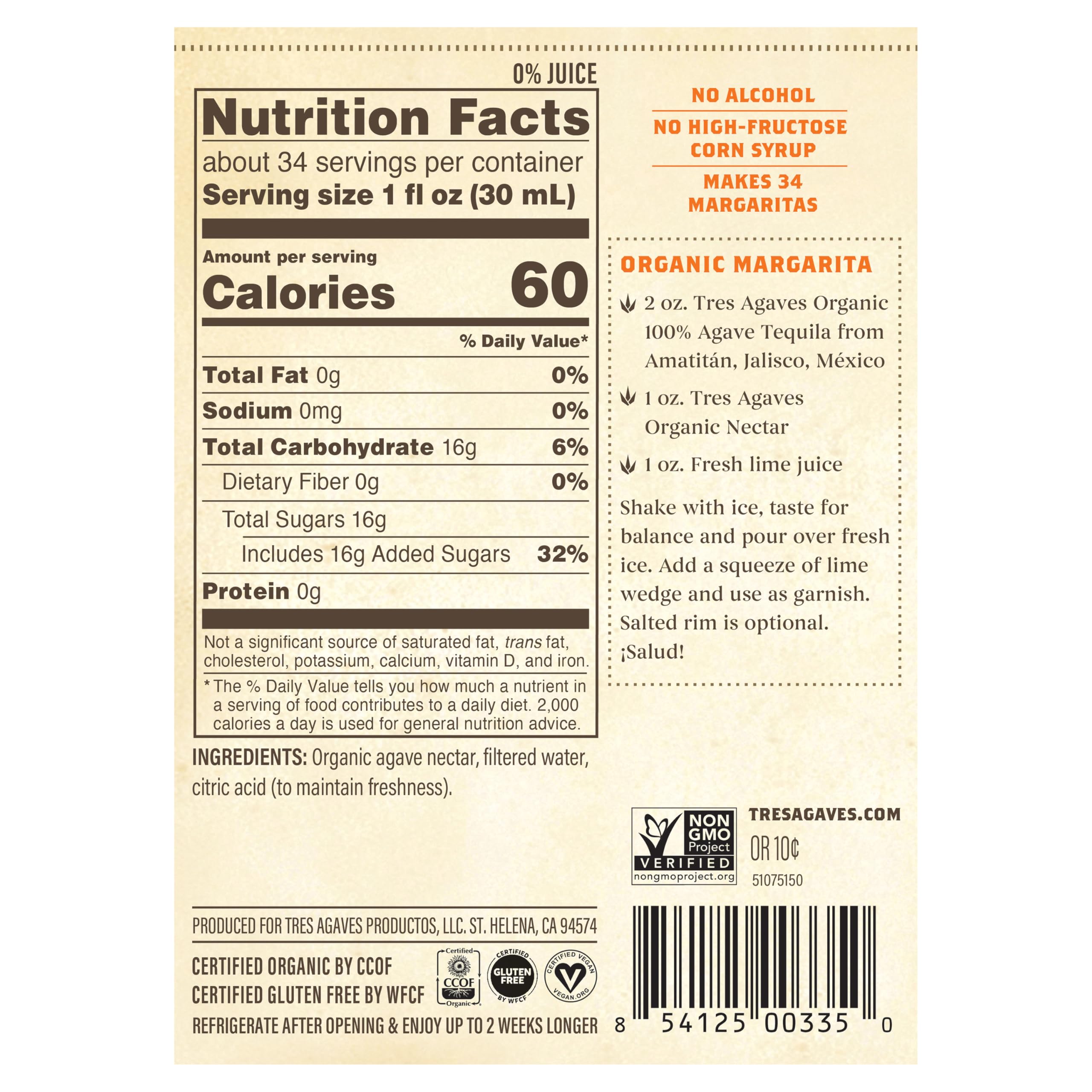 Amazon.com : Organic Agave Nectar for Cocktails  100% Blue Agave, Low  Calorie, Vegan, Gluten-Free, Non-GMO  750mL (2 Pack) : Grocery & Gourmet  Food