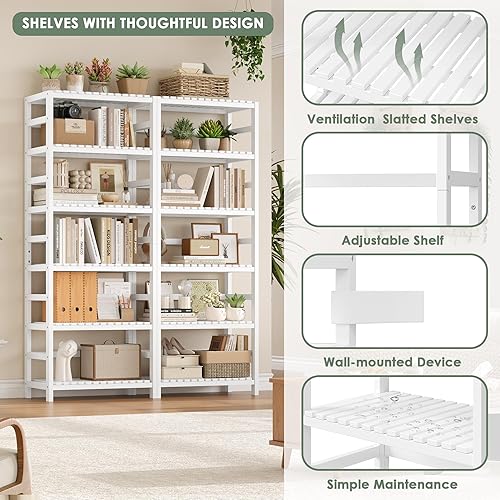 Miniatura 6 de FOTOSOK Juego de 2 Estantes de Bambú de 6 Niveles, Librero de Bambú con Estantes Ajustables, Unidad de Estante de Almacenamiento Independiente