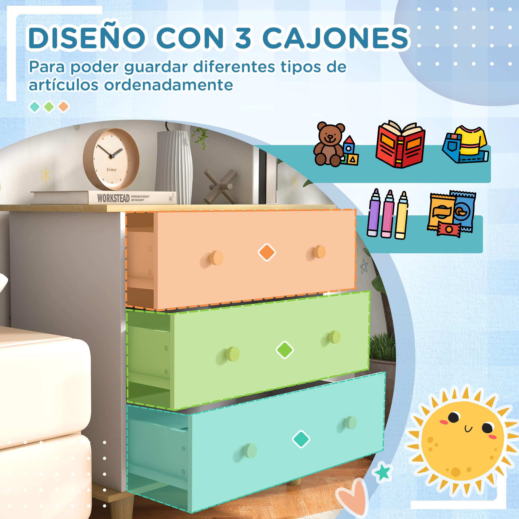 ZONEKIZ Cajonera Infantil +3 Años con 3 Cajones Cómoda Auxiliar con Patas de Madera Almacenaje de Juguetes Ropas Libros para Habitación de Niños 80x40x75 cm Blanco y Natural