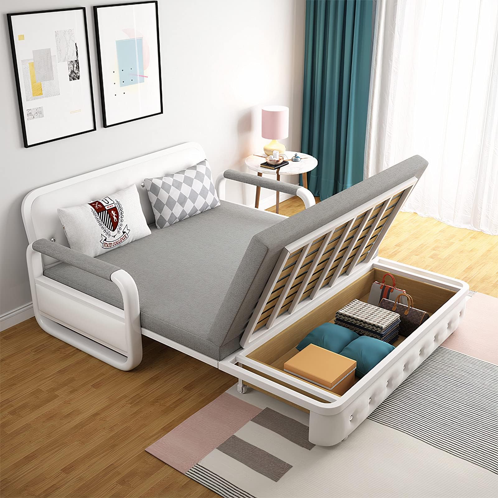 UNICORN FURNITURE Sofa Bed Modern Reclining Foldable Bed Pull Out Sofa Bed With Storage Multifunctional Convertible Space Saving SofaBed For Living Room, Loft Room, Office, Guest Room (Grey/White)