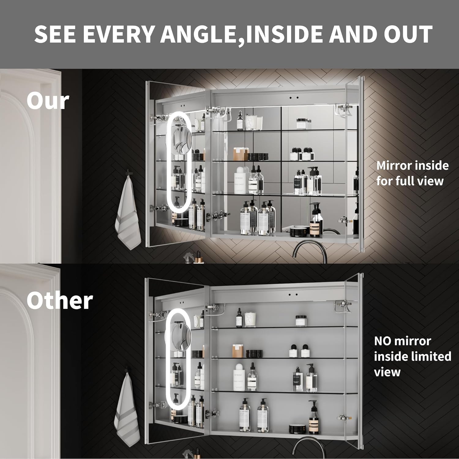 ExBrite 30 x 32 Lighted Medicine Cabinet with Mirror, Front&Backlit led Medicine Cabinet,Defog,5X Magnifier,3 Colors Temper Dimmable,Surface or Recessed Mount,Door Wide Open