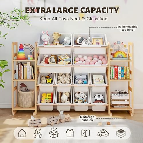 Miniatura 3 de Organizador de almacenamiento de juguetes de madera con 6 estantes y 12 contenedores, organizador de juguetes para niños, estante de juguetes para