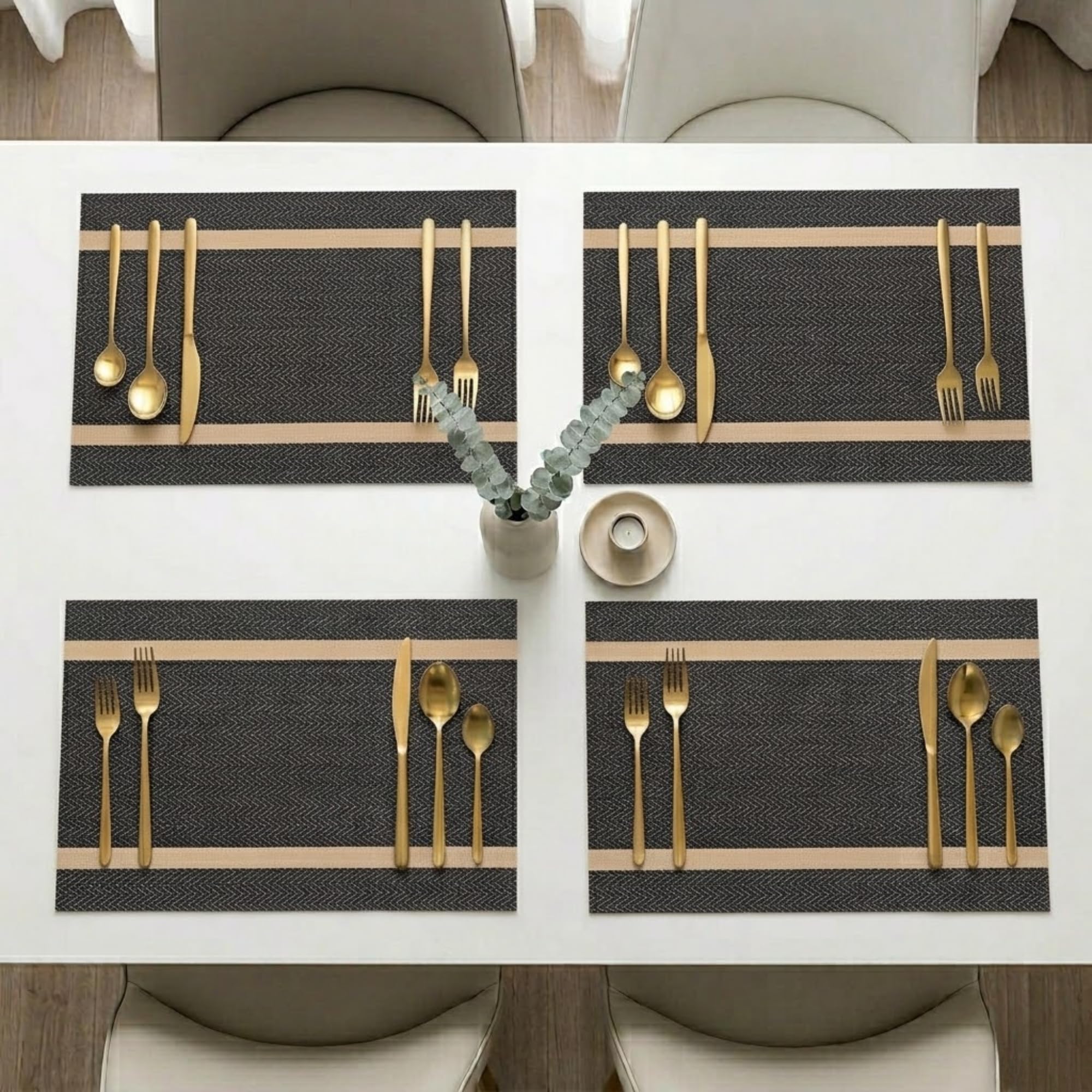daiDokoro Rectangular Crossweave Woven PVC Vinyl Non-Slip Insulation Heat-Resistant & Waterproof Stain Resistant Washable Placemat for Dining & Kitchen Table-(Black & Gold,Set of 4)