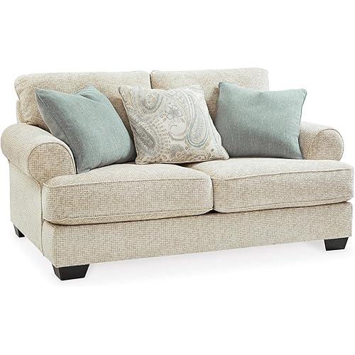 Signature Design by Ashley Monaghan Vintage Loveseat with Accent Pillows, Reversible Cushions and Rolled Arms, Beige
