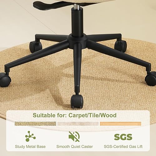 Miniatura 7 de Furniliving Silla de escritorio de felpilla sin brazos con ruedas, silla tapizada de oficina en casa con cojín de doble capa, silla giratoria