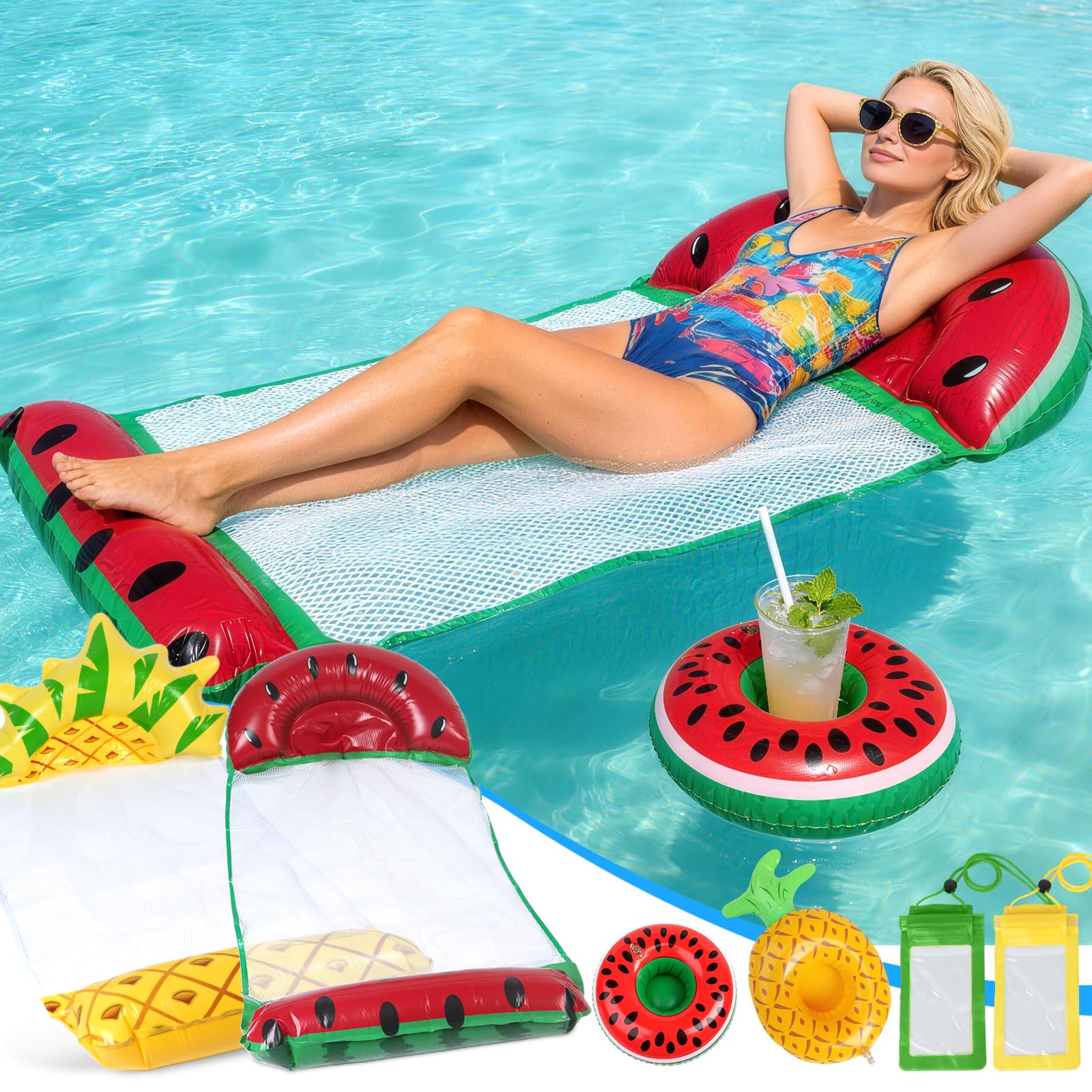 2 Pack Pool Float Hammock Set, Inflatable Water Floats with Cup Holders & Waterproof Phone Pouches, Pineapple Watermelon Inflatable Hammock, Lounger for Adults Summer Pool Party Beach Water Fun