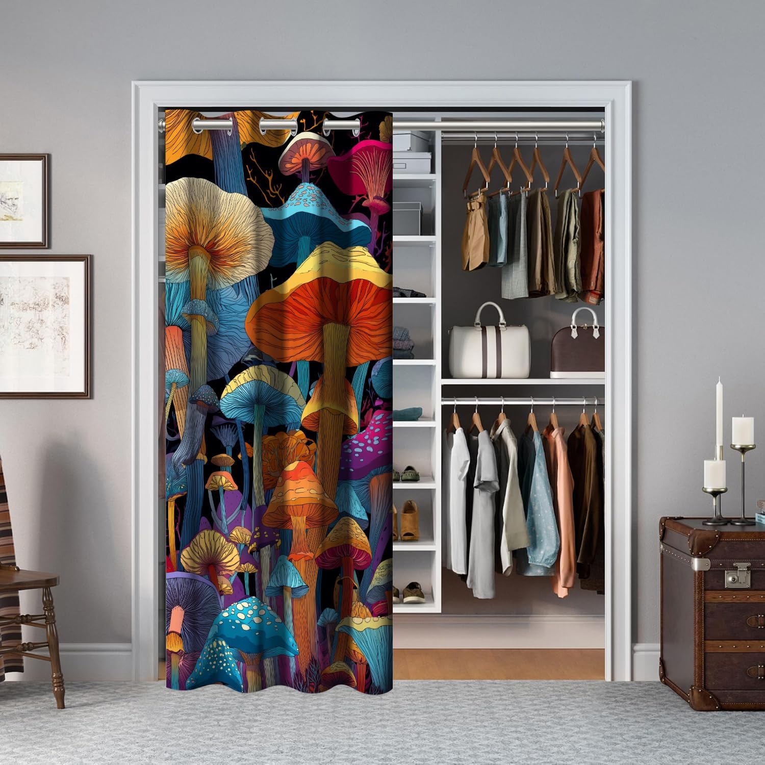 Mushroom Door Curtains for Doorways, Fantasy Trippy Boho Fairy Forest.png Blackout Curtain for Kids Bedroom Closet, Grommet Thermal Insulated Privacy Door Drapes for Room Divider, 52" W x 80" L