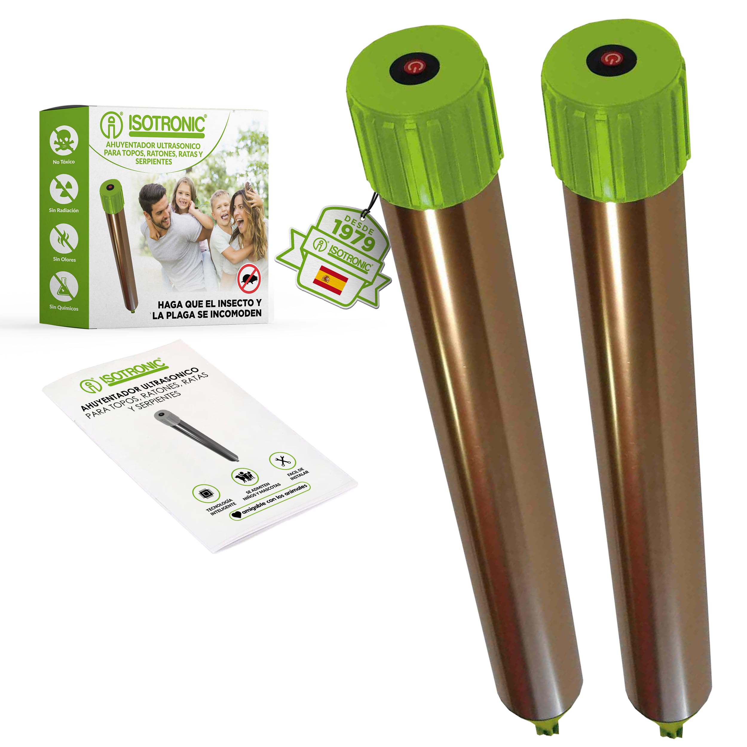 ISOTRONIC Repelente para Topos, topillos y Serpientes: Funciona con Pilas e Incluye una estaca para el Suelo del jardín. Cubre un área efectiva de 1250 m² (2 Unidades).