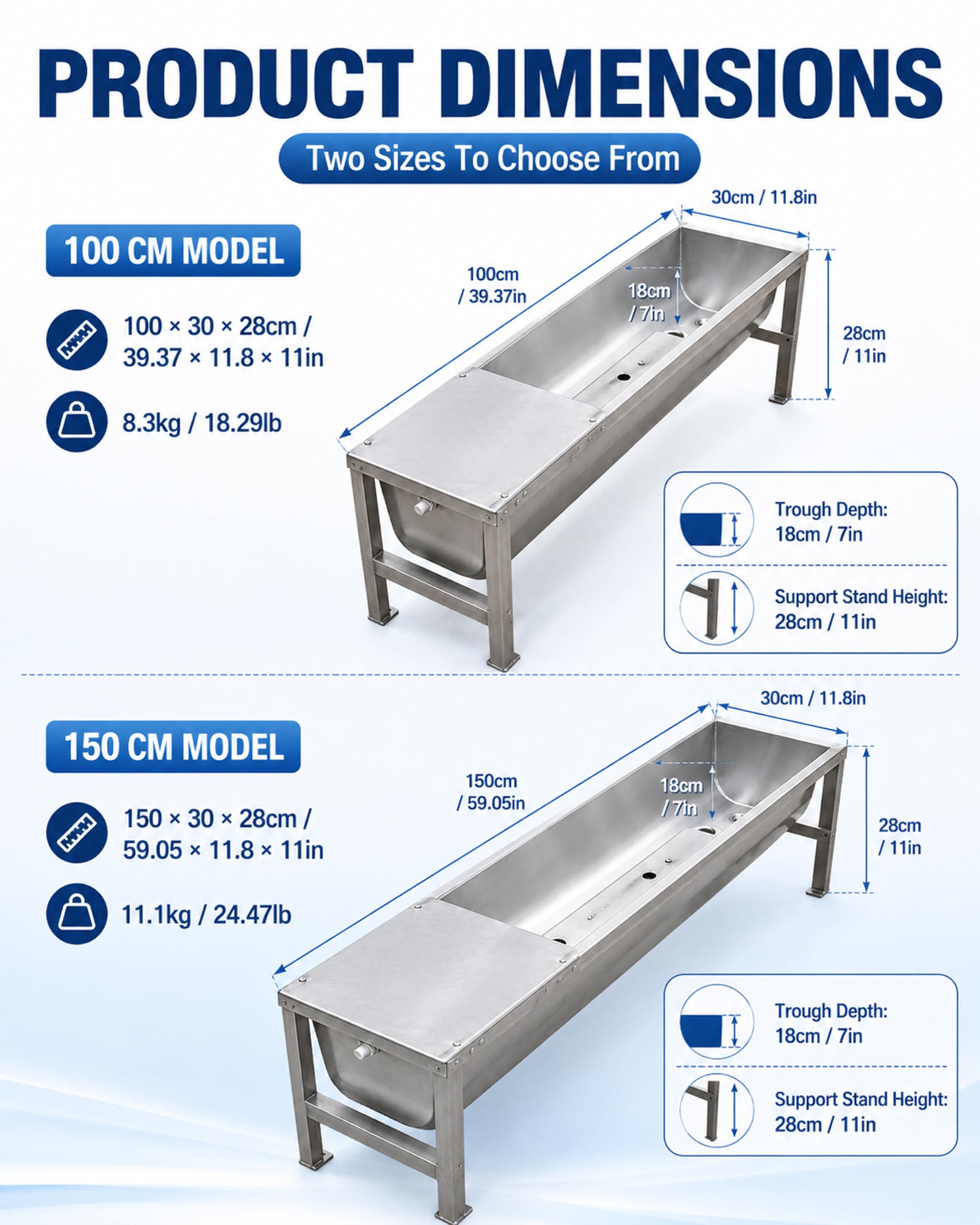 Abbeveratoio Automatico Bestiame Riscaldato Acciaio Inox Grande capacità Supporto Metallico Valvola Galleggiante Termostato Cavallo Capra Pecora Bovini Fattoria Scarico,Argento,150cm