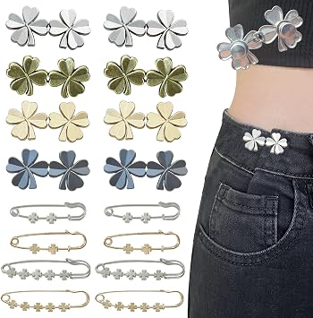 Pant Waist Tightener, 16 Set Adjustable Buttons Pins for Loose Jeans Reusable Waist Tightener for Pants Women Metal Brooch for Clothing Dresses Skirts No Sewing Decoration Accessories