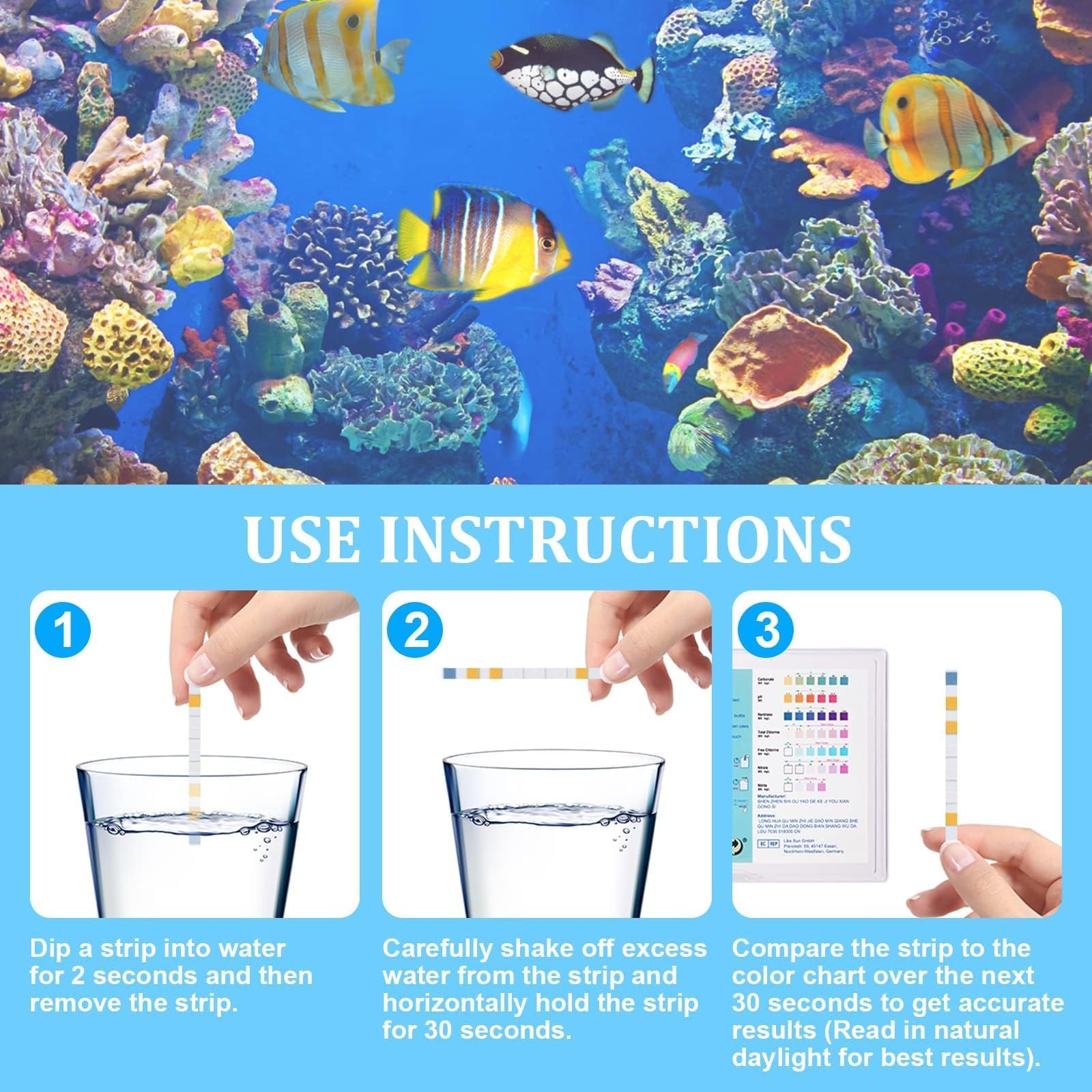 Bandelettes de Test d'Aquarium 7 en 1, 100 Bandelettes de Test Eau Dureté Totale, Alcalinité, Carbonates, Nitrates, Nitrites, Chlore Libre pH, Cuivre Test Rapide pour Aquarium Étang Piscine