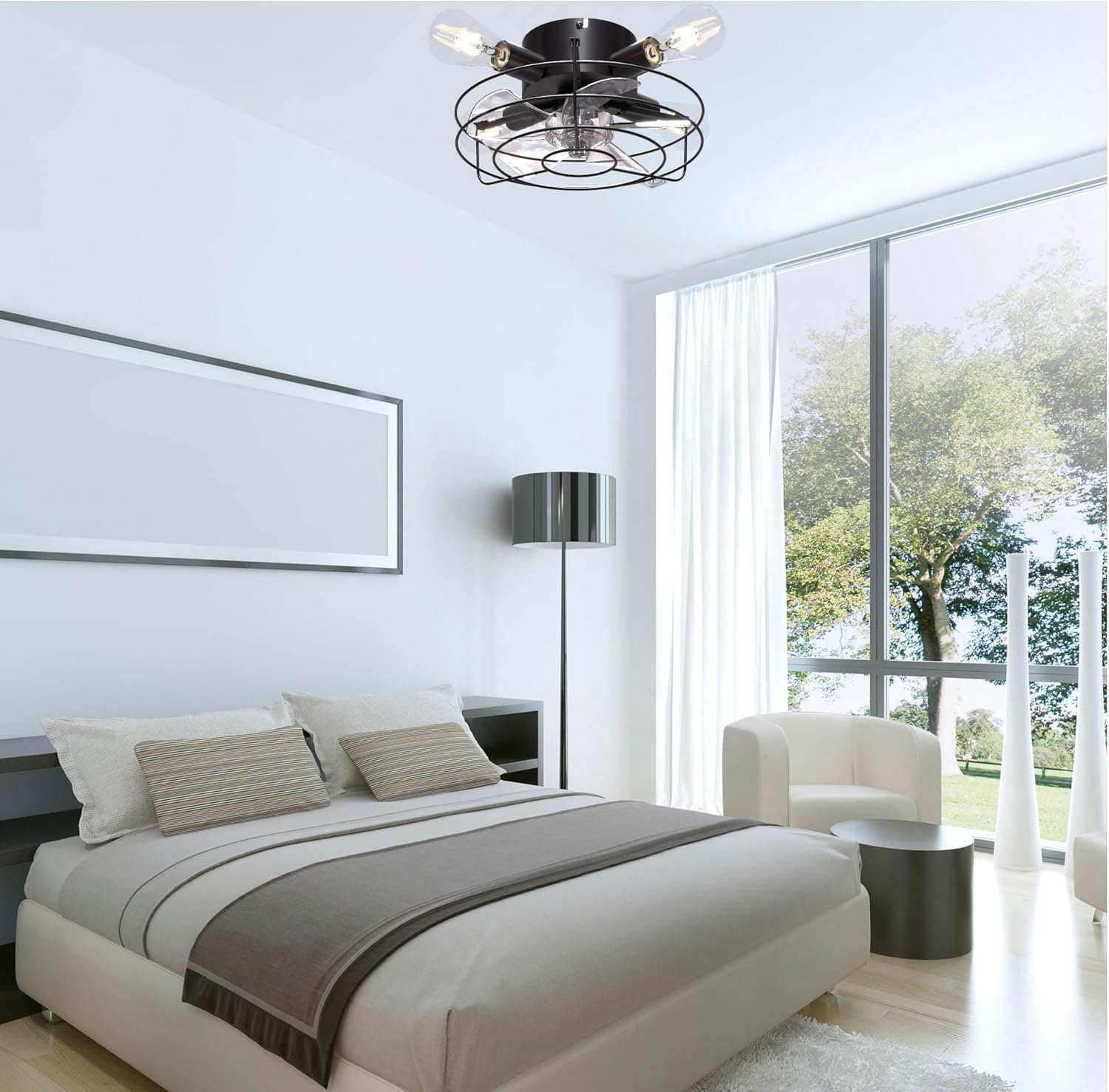 Cage-type embedded ceiling fan with light and remote control, 6-speed speed, industrial modern ceiling fan, suitable for bedroom, dining table, lobby, living room, office (Black) image 6 of 6 B0F93D9BMT
