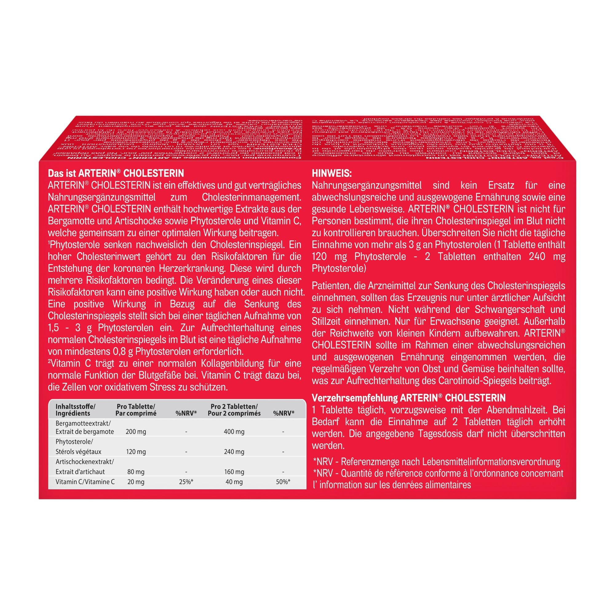 ARTERIN Cholesterin - senkt den Cholesterinspiegel(1) - 90 Tabletten | Veganes Nahrungsergänzungsmittel mit Phytosterolen & Vitamin C, antioxidativer(2) Cholesterinsenker, patentierte Formulierung