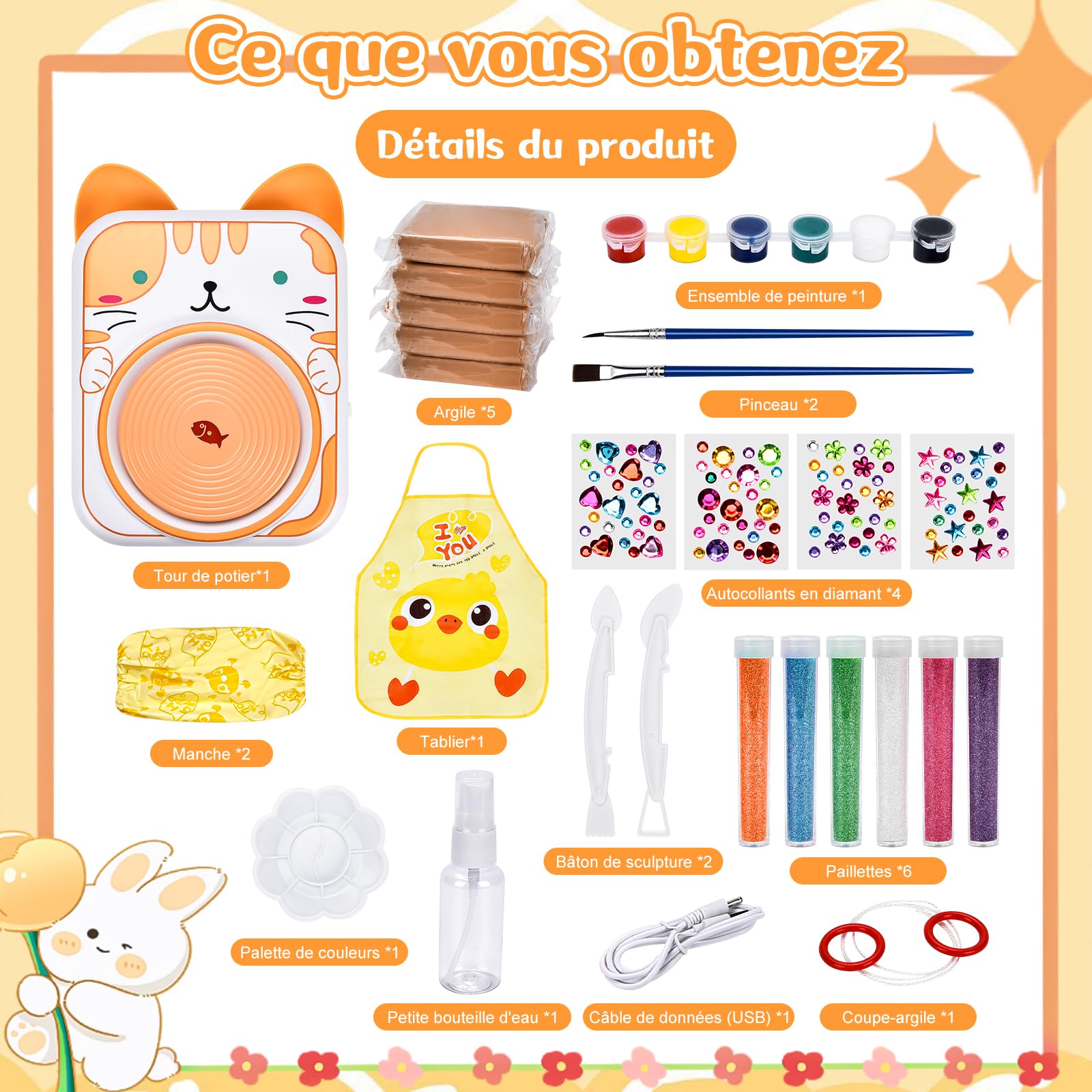 IEEILULU Kit de Poterie pour Enfants, Tour de Poterie Électrique, Kit Poterie Machine avec Argile de Poterie, Couleurs, Kit de Poterie Activité Manuelle pour Débutants (Chat)