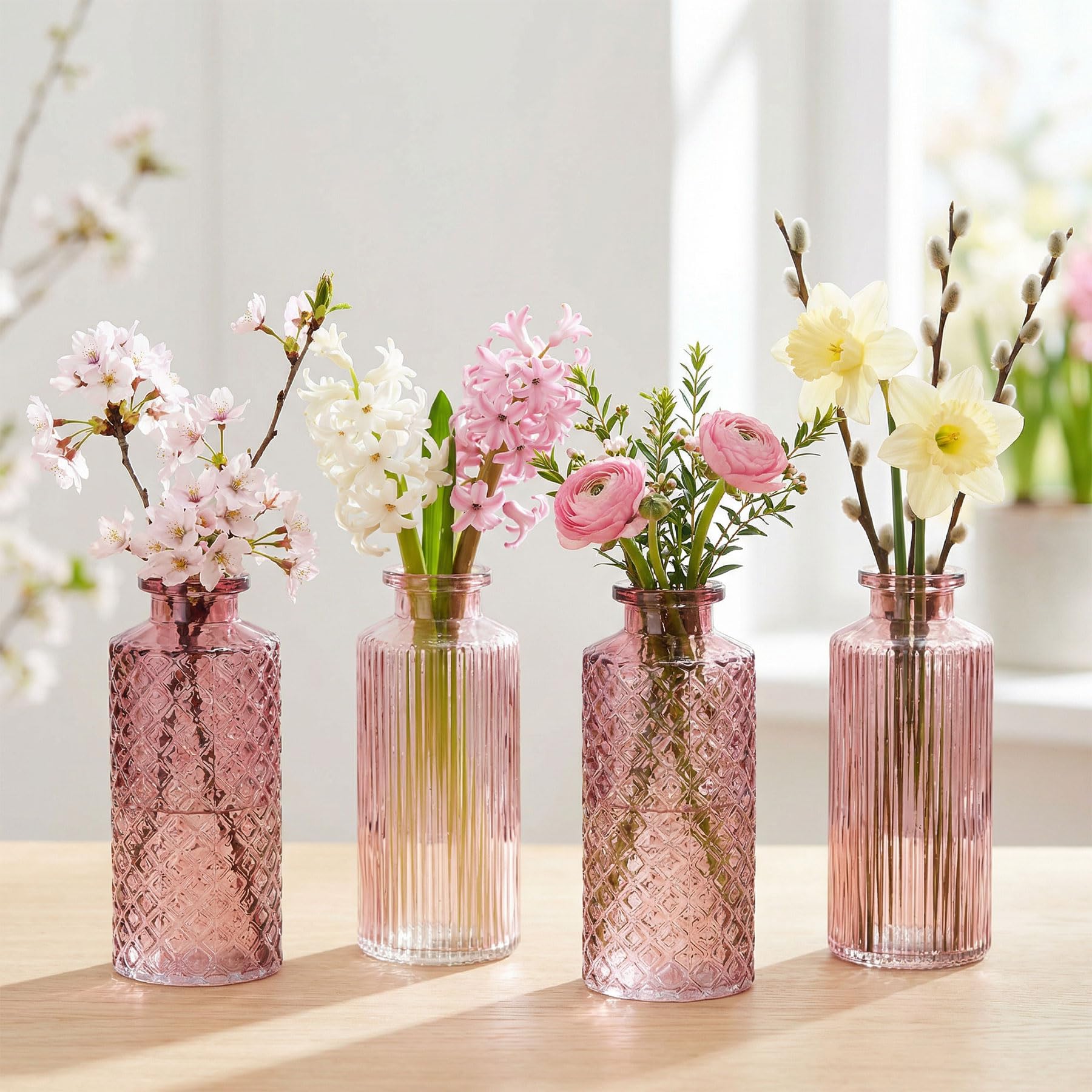 4er Set Vase Rosa H14cm Glas Blumenvase Tischdeko Frühling Blumendeko Glasvase Dekovase Flaschenvase Trockenblumen