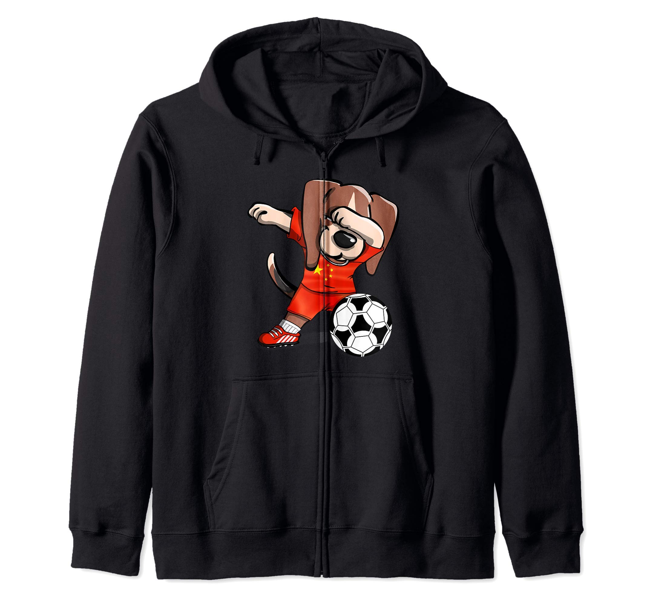 Funny Dabbing Beagle Dog China Football Chinese Flag Soccer Zip Hoodie, Black