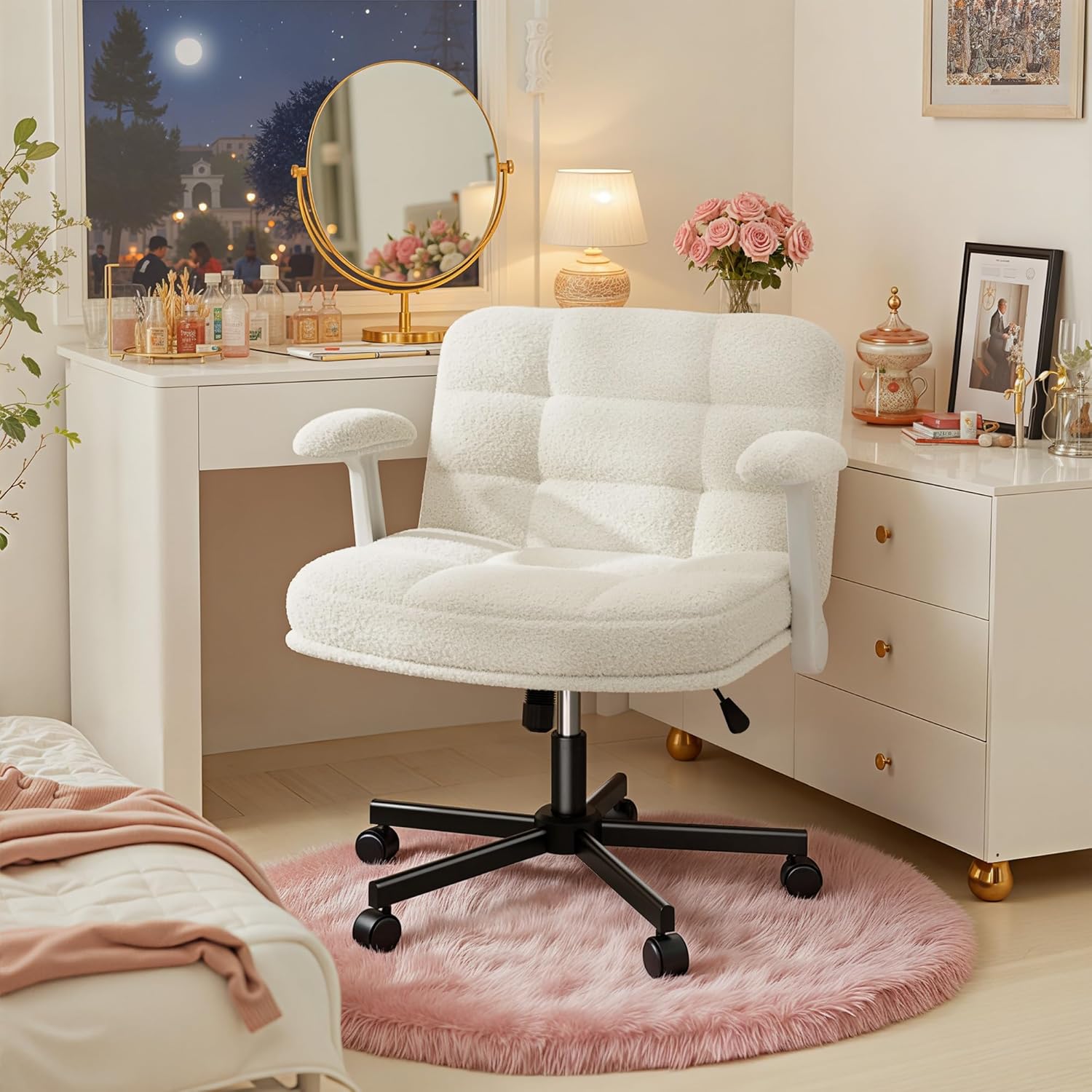 DurayLoly Criss Cross Chair with Wheels, Office Chair with Flip-up Armrests, Vanity Chair for Bedroom, Home Office, Apartment, Plush Fabric, White