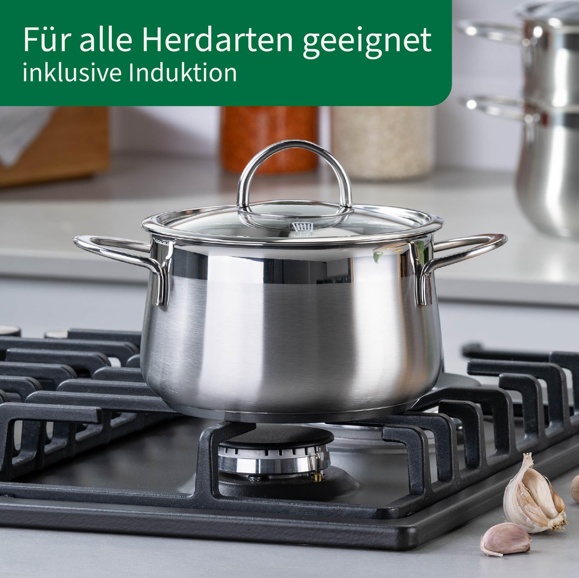 FACKELMANN Chefkoch Kochtopf mit Glasdeckel Leipzig – ø16cm, Edelstahl 18/8, Aluminium-Kern, für alle Herdarten inkl. Induktion – spülmaschinengeeignet