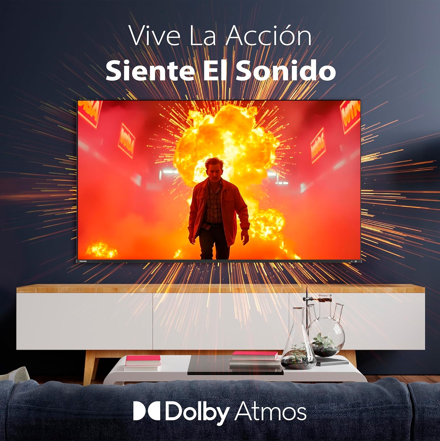 Toshiba QLED TV with Dolby Atmos logo, depicting immersive sound experience.
