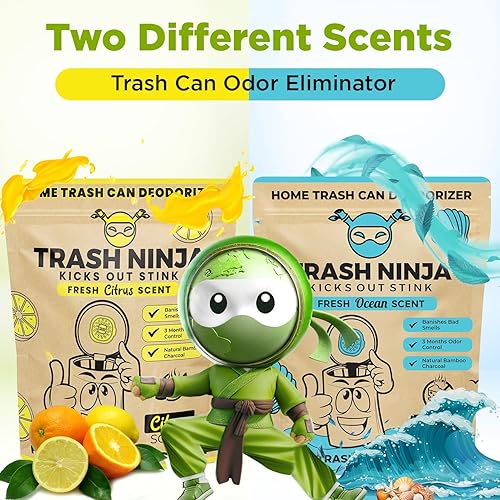 Vista 32 de Trash Ninja - Desodorizador y eliminador de olores (paquete de 2) para botes de basura de interiores de hasta 10 galones, fabricado con carbón