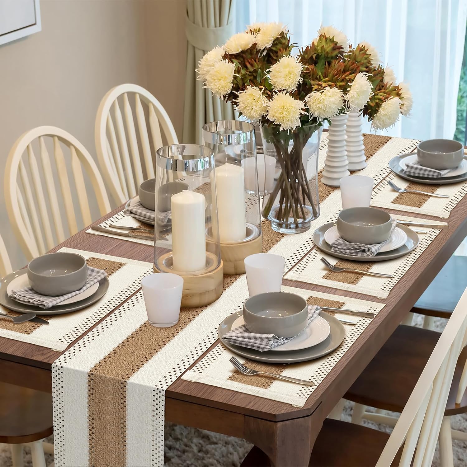 ADRIMER 13 Pcs Boho Table Runner and Placemats, Natural Cotton Burlap and Rattan Wicker Braided Placemats Set of 6, Macrame Table Runner 90" and Place Mats Set of 6 for Dining Table Home Decor