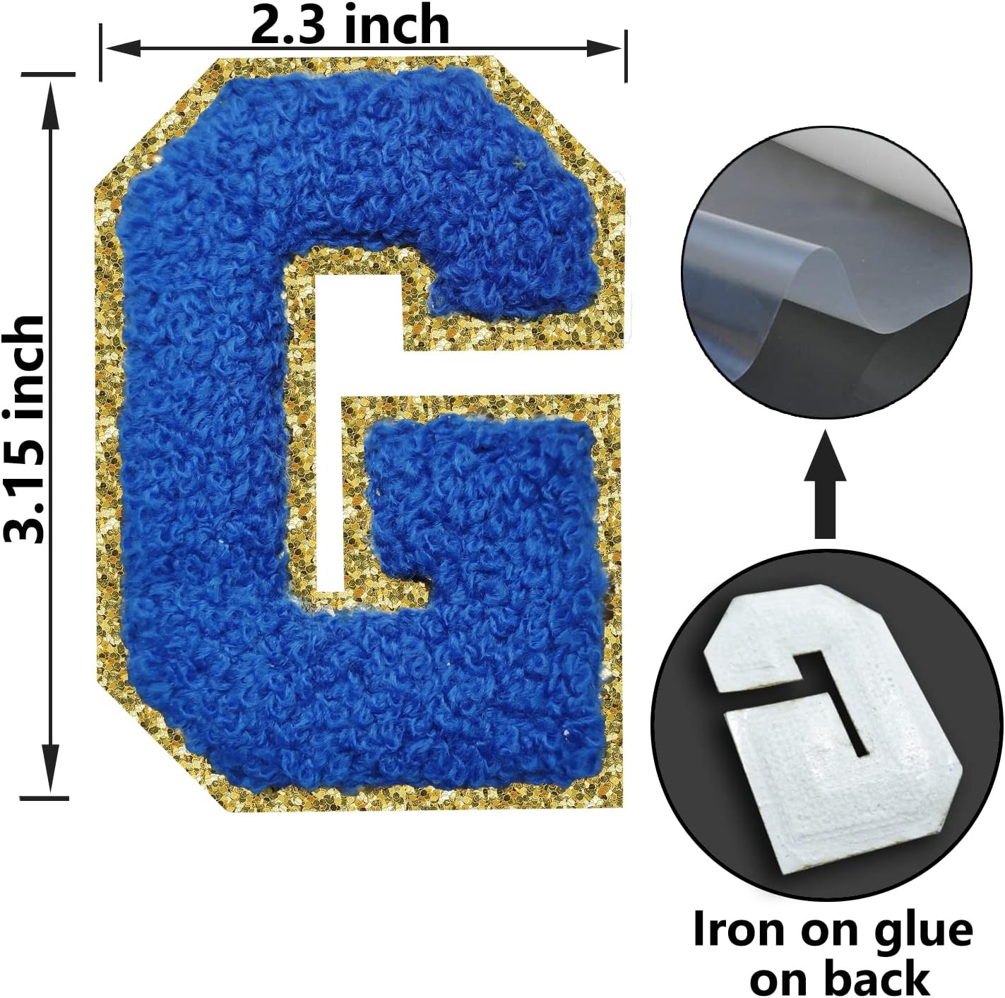 Letter Patches Varsity Glitters Chenille,3 PCS SPRT Iron on Dark Blue Letter Patch,Alphabet Cloth Patch for Team Costume Decoration 3.1in Height Y (3 Pieces) image 4