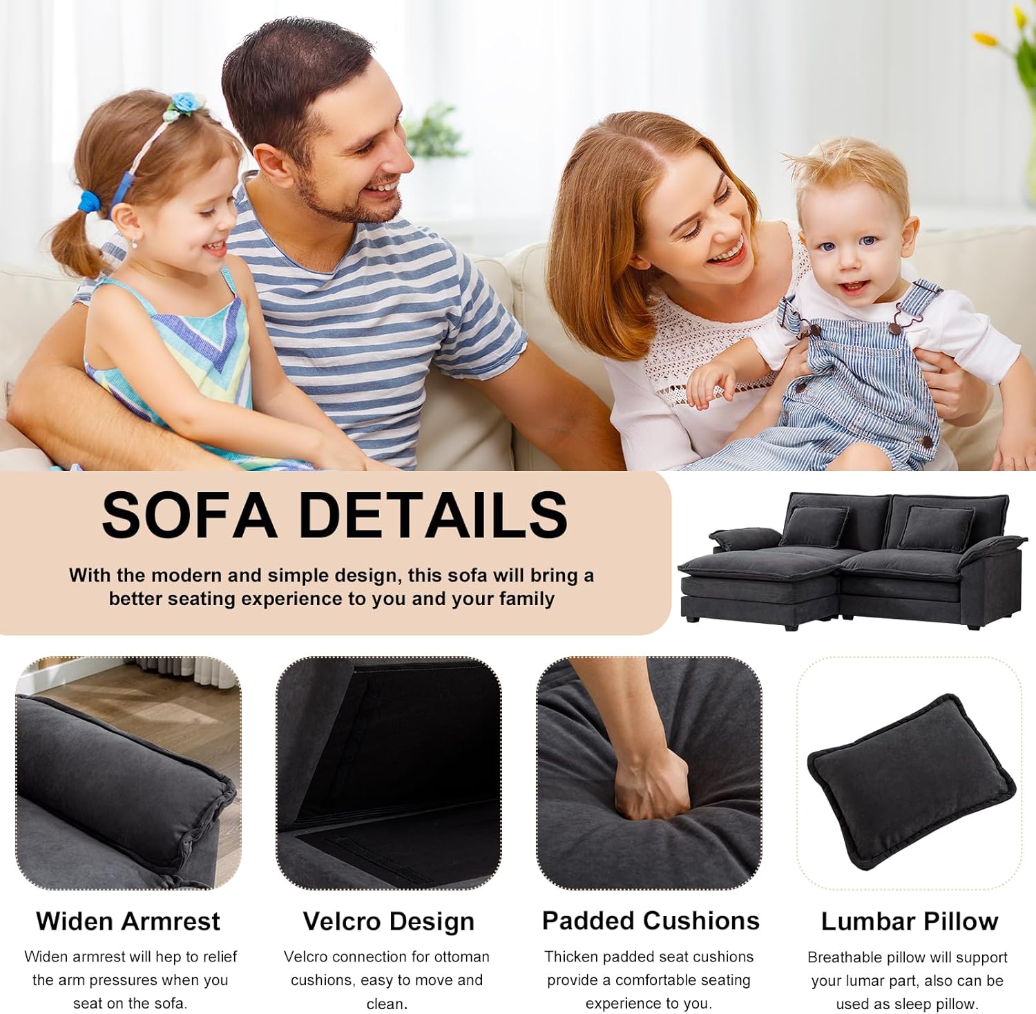 85.8" Modular Sectional Sofa Oversized Comfy Loveseat L Shaped Sofa Couches with Chaise/Ottoman/Pillows for Living Room,Apartment,Office (Dark Grey)