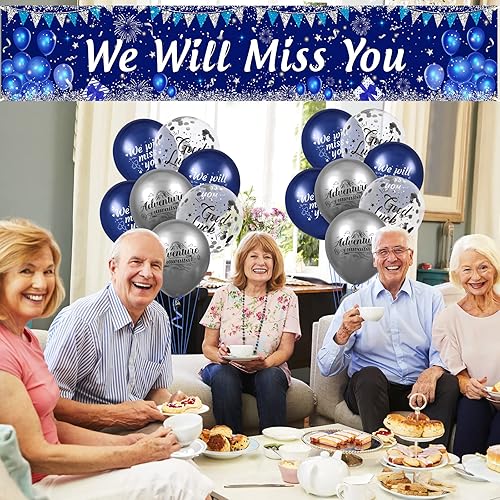 Miniatura 2 de Decoraciones de fiesta con texto en inglés We Will Miss You, color azul marino y plateado con texto en inglés We Will Miss You, 18 globos de buena
