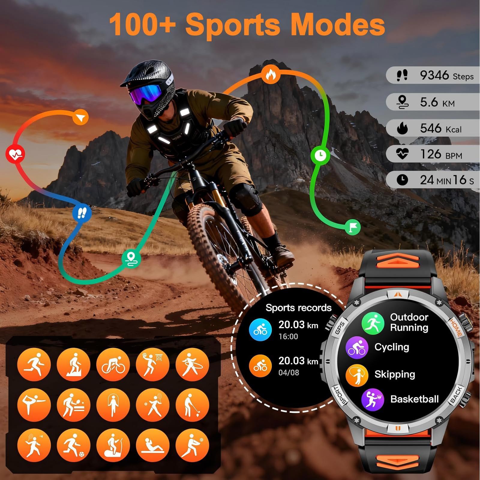 Smart Watch da uomo con batteria di 7 giorni e GPS integrato, orologio fitness rotondo da 1,44 pollici, cardiofrequenzimetro/SpO2/monitoraggio del sonno, impermeabile IP68, compatibile con
