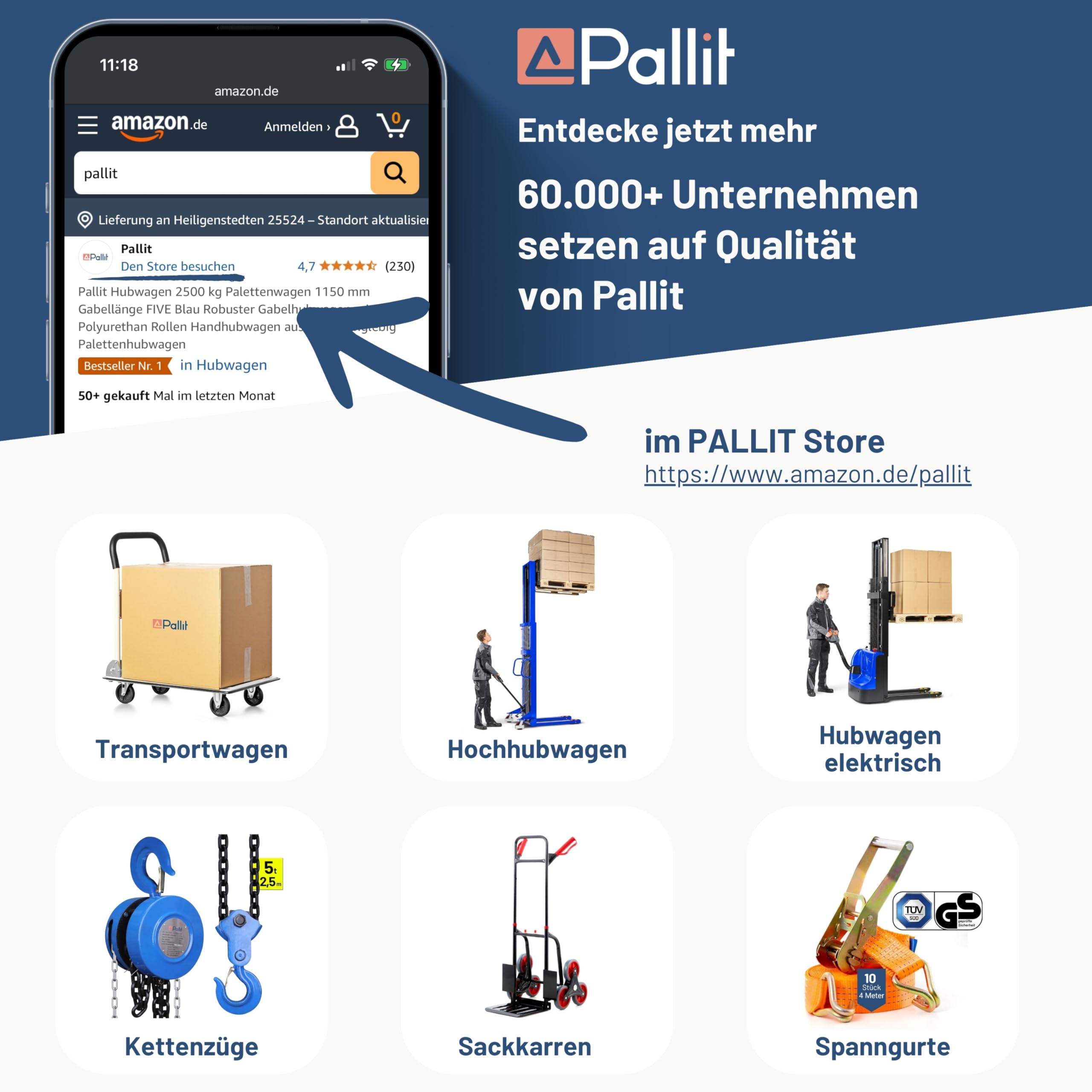 Pallit Hubwagen lang 2000 kg Tragkraft 2000 mm Gabellänge PU Rollen Long-L Gabelhubwagen Handhubwagen Langer Palettenwagen aus Stahl