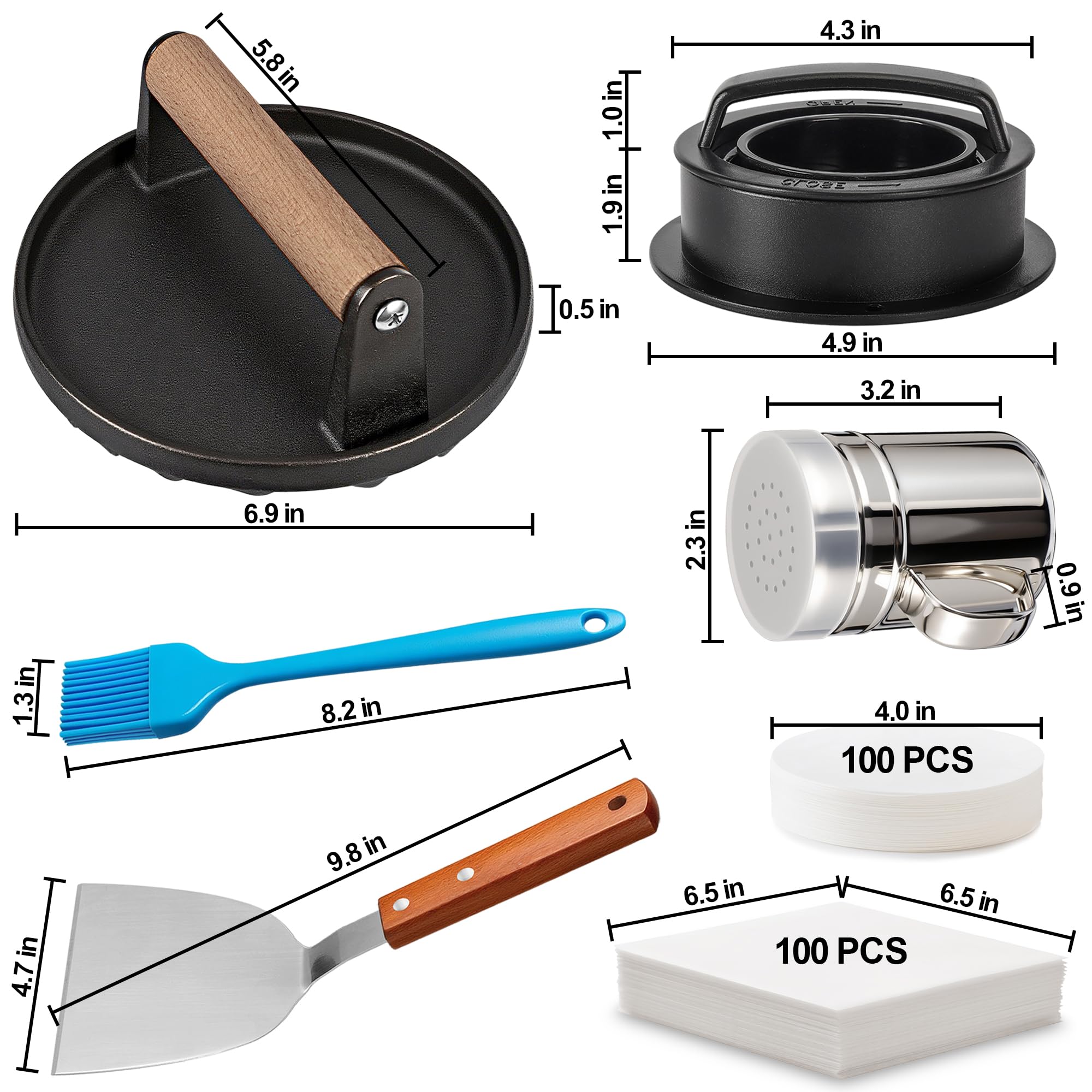 7-teiliges Smash-Burgerpressen-Set – 3-in-1 Hamburgerpresse Patty Maker, 17,8 cm Gusseisen-Burgerpresse, Spatel, antihaftbeschichtete Patty-Papier, Gewürzstreuer und Bürste, Burgerzerkleinerer für