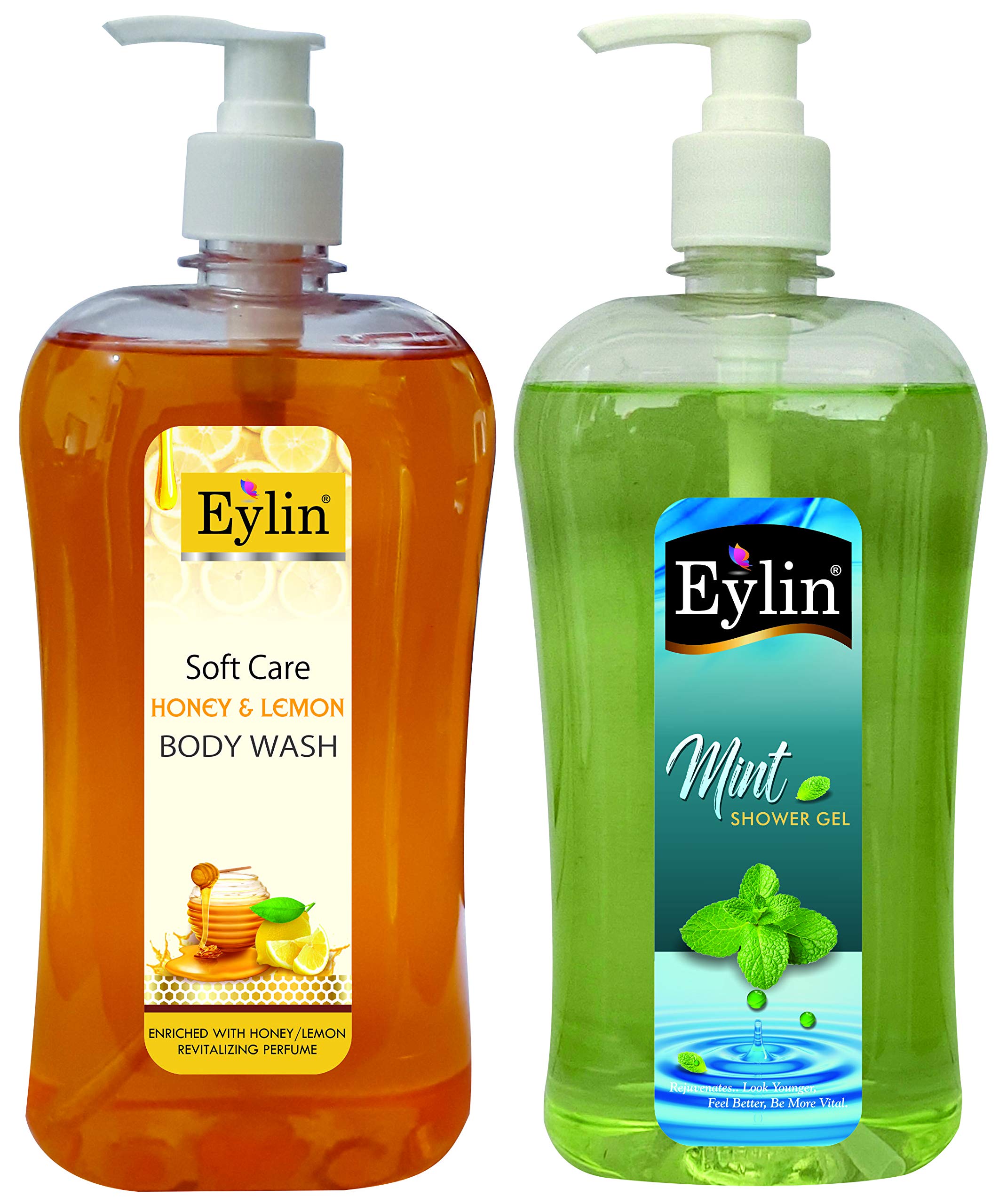 EYLINSoft Care Body Wash Combo Pack containing 1 liter each of Honey/Lemon & Mint Flavoured shower Gel. Total 2 Liters