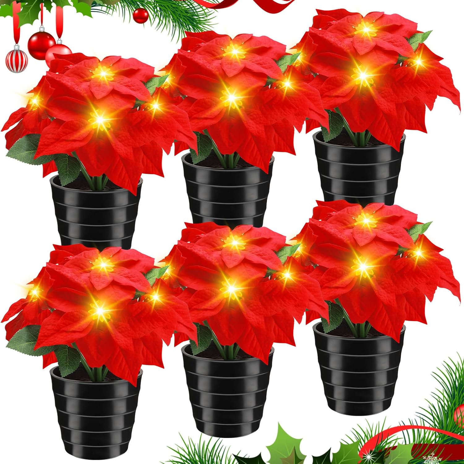 Hotop 6 Pcs Extra Large LED Christmas Artificial Poinsettia