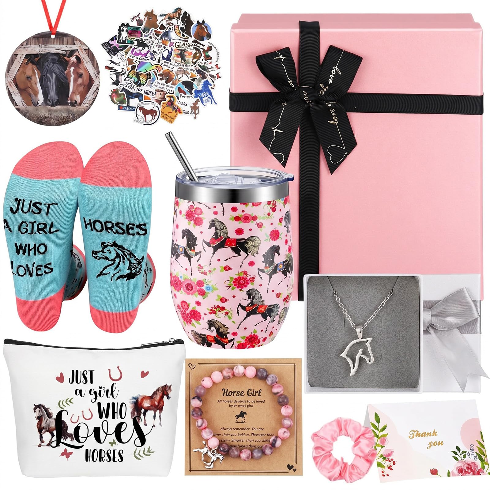 Landical 59 piezas de regalo de caballo de Navidad para mujer, incluye taza con temática de caballo, bolsa de maquillaje, calcetines, pulsera, collar, coletero, adorno de madera, tarjeta de