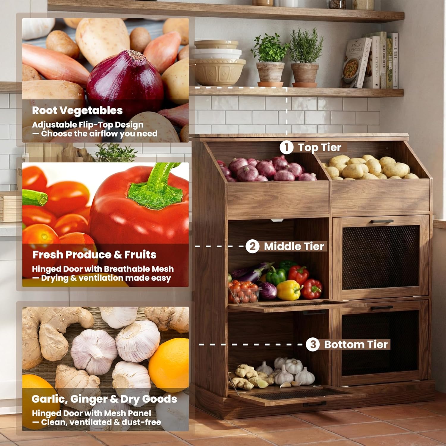SUNBURY 47" Tall Farmhouse Kitchen Pantry Cabinet, Freestanding Wooden Vegetable Storage Hutch with Breathable Mesh Doors, 6-Compartment Floor Cabinet for Potato, Onion, Rustic Brown