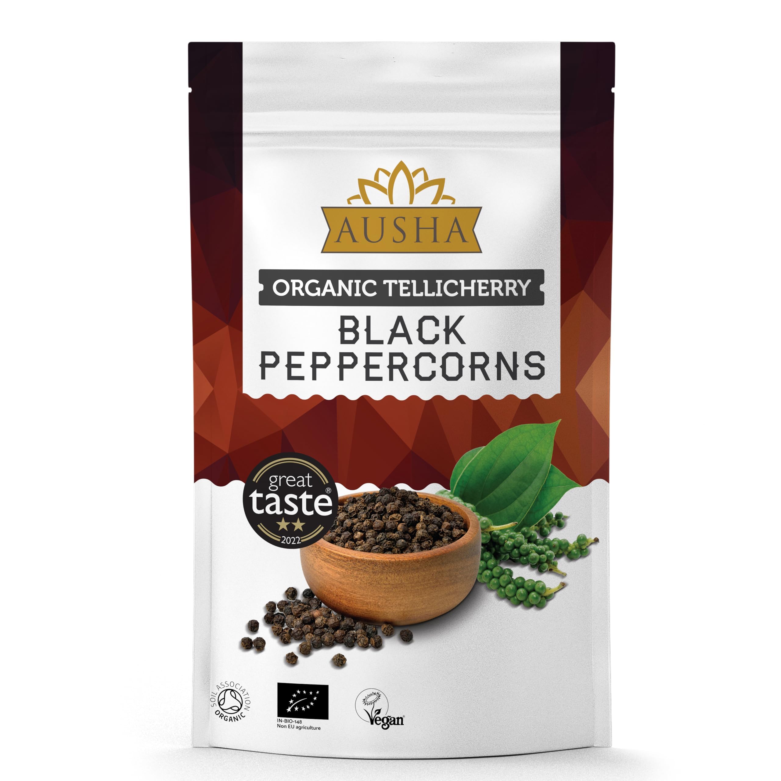 Ausha Organic Tellicherry Black Peppercorns Whole 1kg - 2** GREAT TASTE AWARD - UK Certified Organic by Soil Association - For Cooking and Grinding - Extra Bold Peppercorns