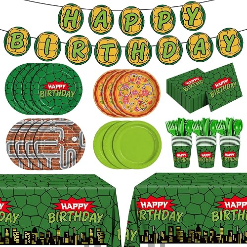 171pcs Turtle Birthday Party Supplies Include Plates Napkins Cups Tablecloths Banner Forks Knives Spoons for Kids Birthday Party Decorations Disposable Decor Paper Tableware Set Serves 24 People