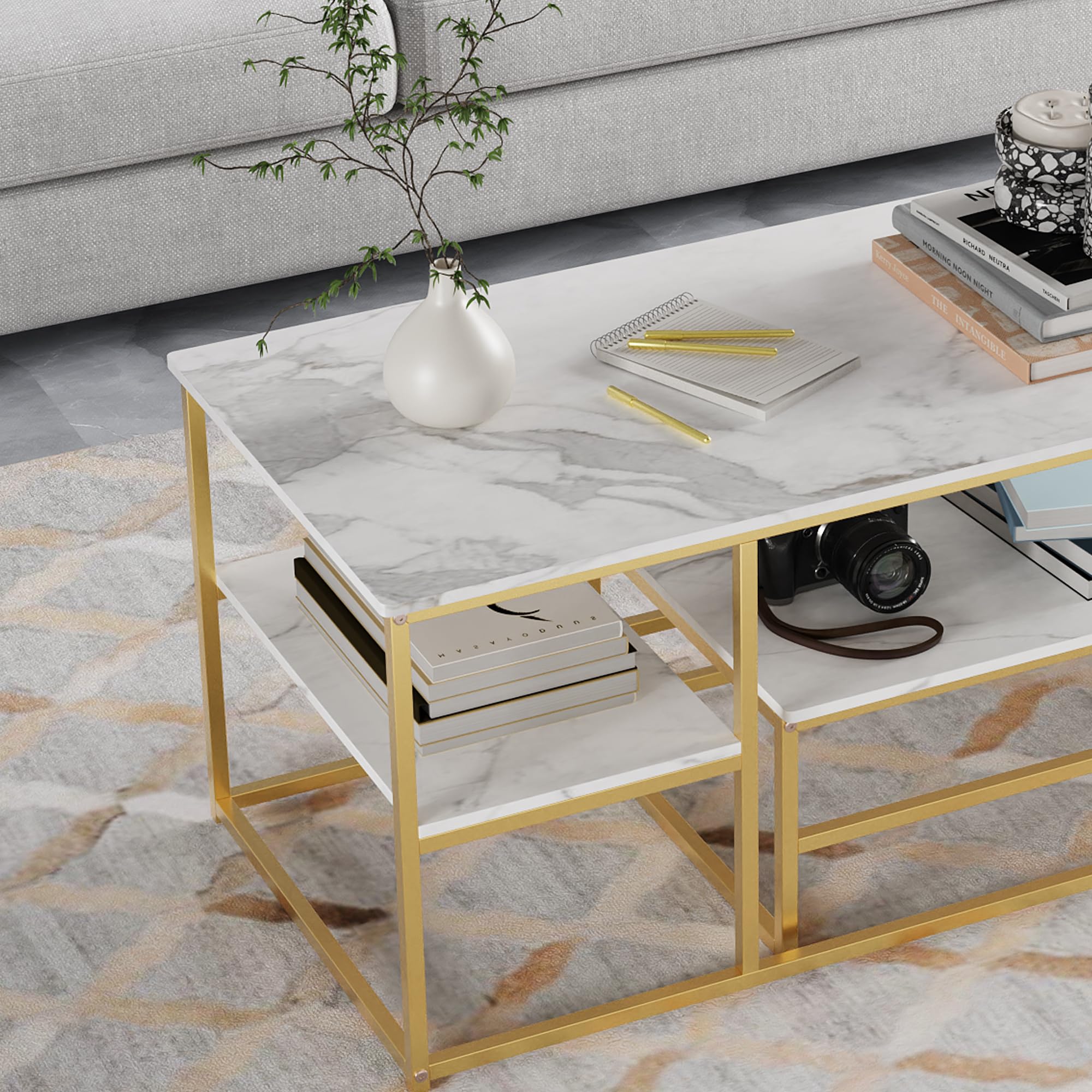 Juego de 2 Mesas de Salón Rectángulo: Mesa Centro + Auxiliar - Mesa de Café Anidables con Estructura Metal para Sala de Estar,Modernas,Blanco Dorado