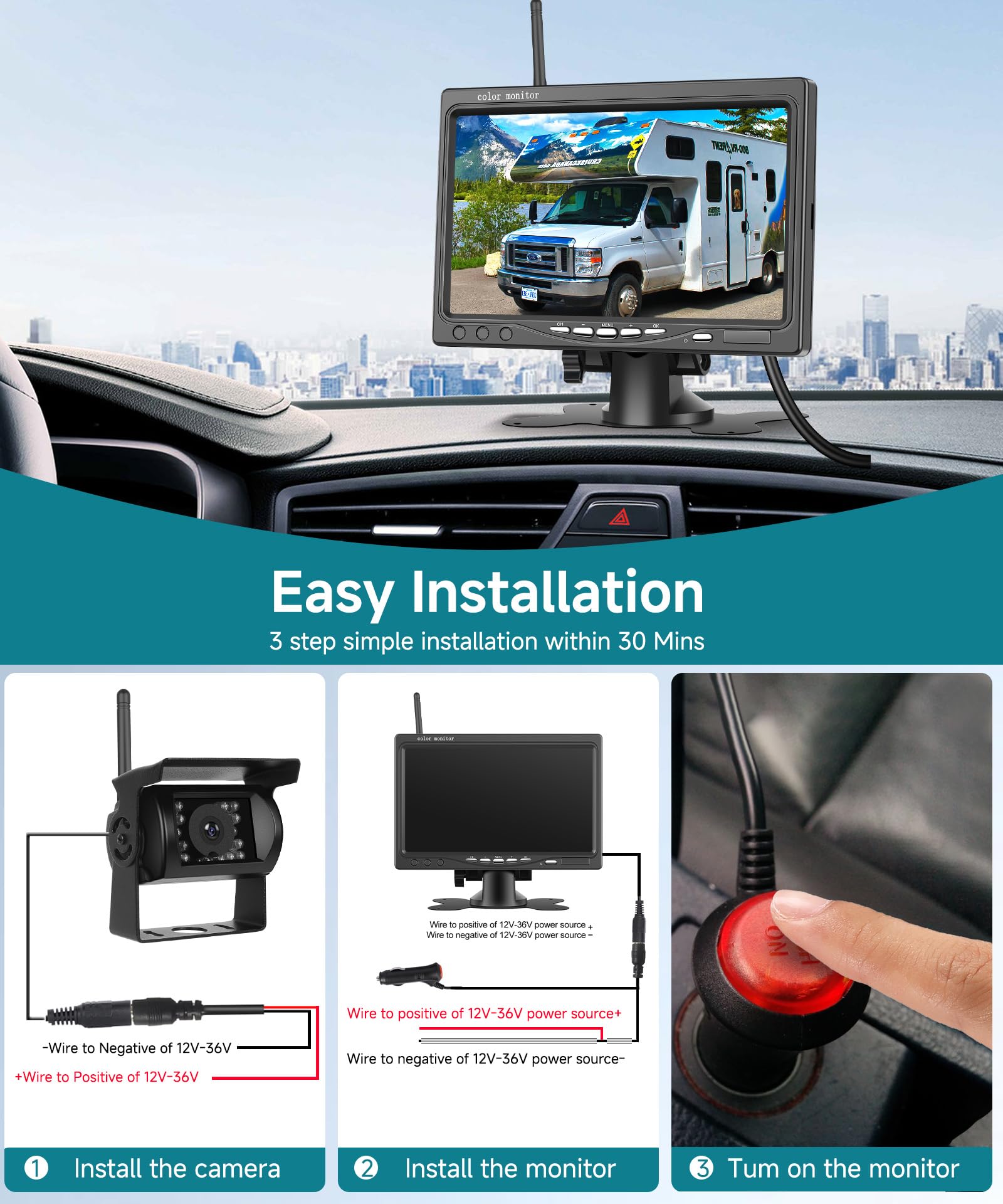 Kit Caméra De Recul Sans Fil 7" - 2 Caméras IP69 - Vision Nuit - Écran Partagé - Pour Camping-Car, Camion