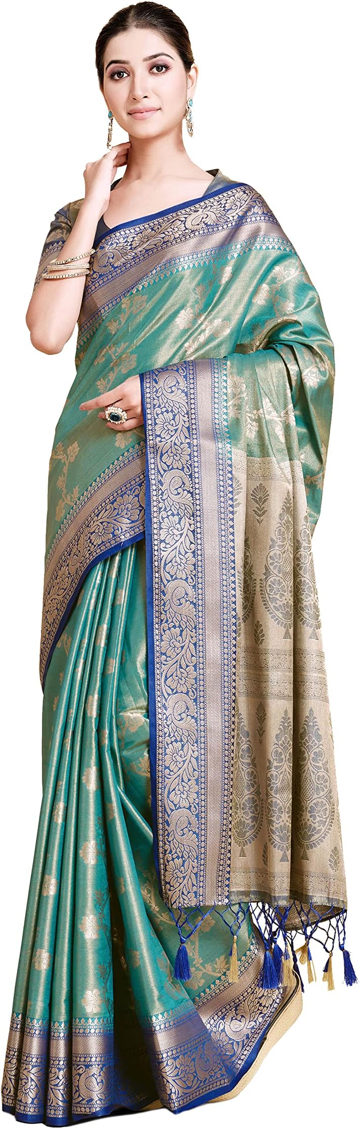 MIMOSAWomen's Traditional Ussi Kanjivaram Art Silk Saree With Blouse Color: Turquoise Blue : (5663-689-2D-SF-RB)