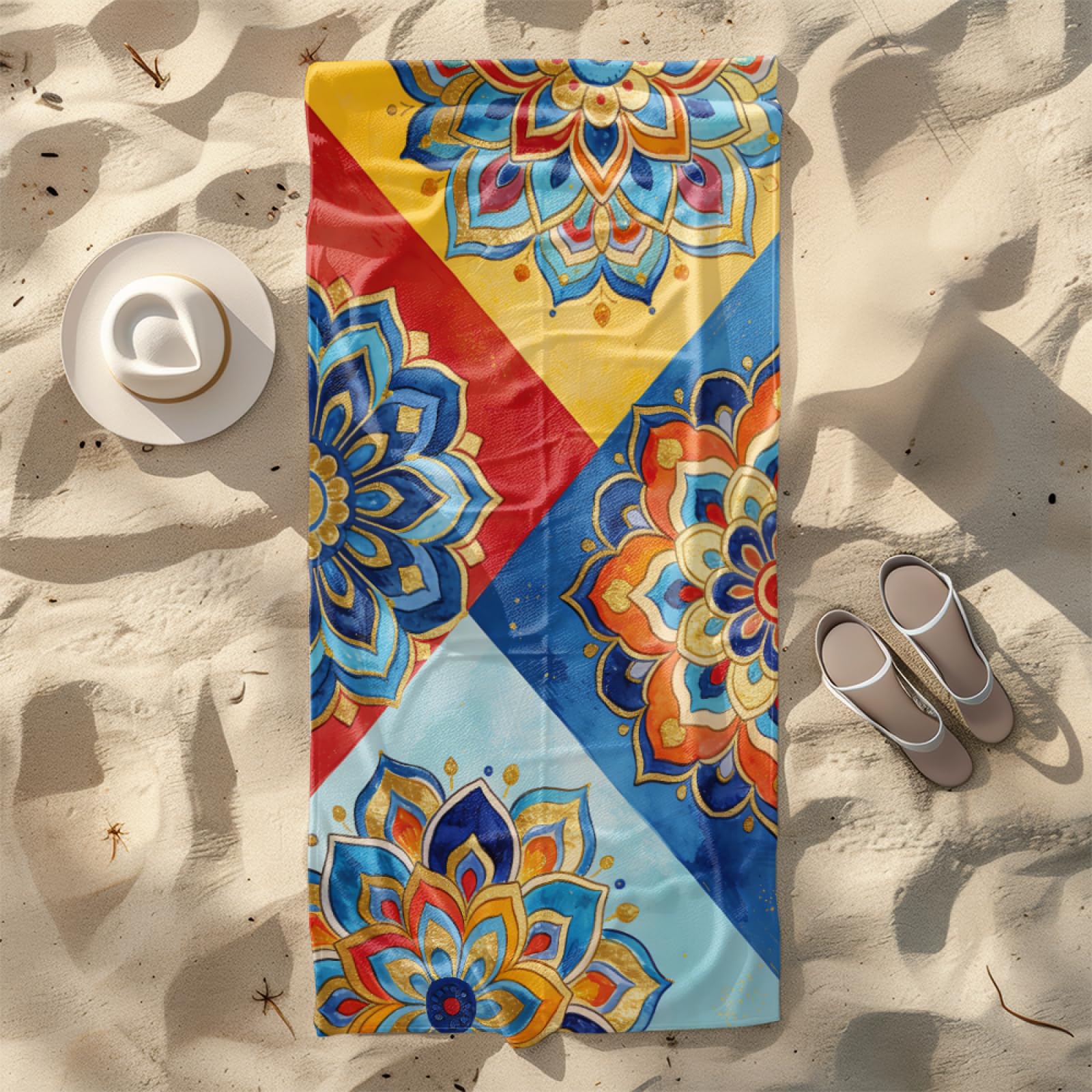 Fouta PlageFleur d'or Rouge Bleu Modèle Surdimensionné avec Diverses Tailles, Respirante et Portable, Parfaite pour Voyages Sorties Piscine et Usage Extérieur Quotidien 90x160 cm