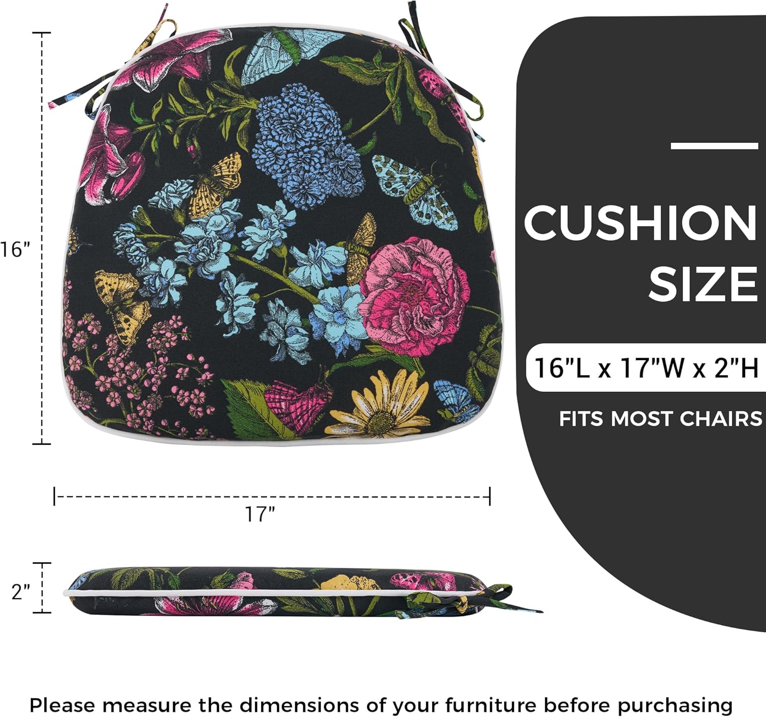 Indoor/Outdoor Chair Cushions 17"X16"X2" with Ties for Dining Chairs Set of 2, Waterproof U-Shaped Chair Pads, Foam Seat Cushions for Patio Kitchen Garden Office-Black Butterfly Flower