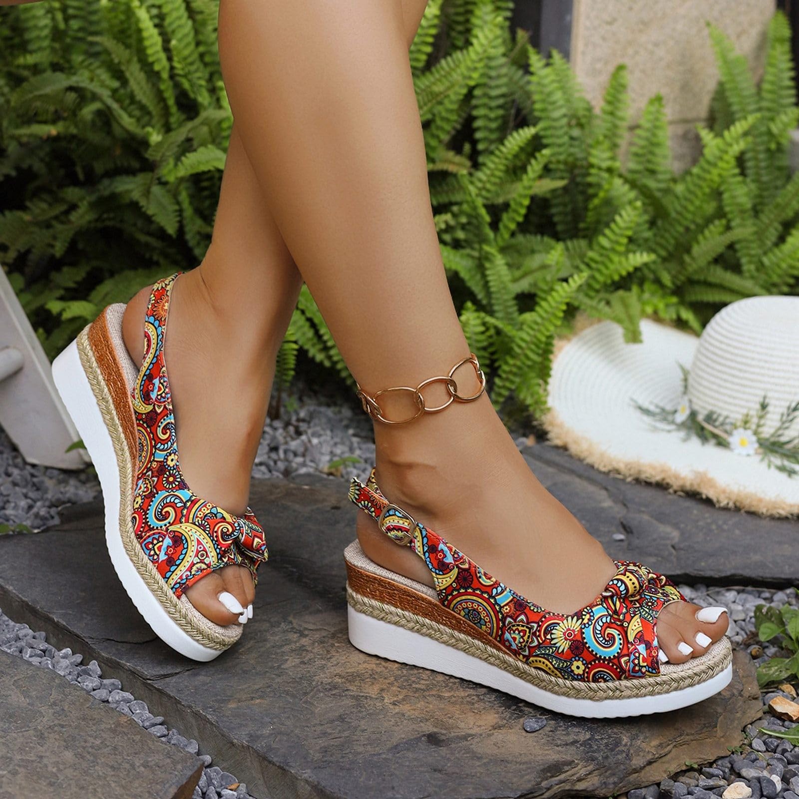 Espadrilles Compensées Femme, Compensees Sandales Pied Large Talon Compensé Nu Pieds Vintage Sandale Espadrille Femmes Boheme Chaussures Sandalette Ete Chaussure pour Vacances Mariage