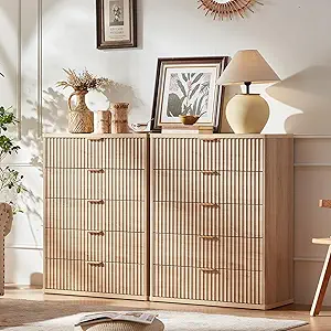 LEYAOYAO Fluted 5 Drawers Dresser Set of 2, 41" Tall Modern Chest of Drawers with Metal Handle, Curved Profile Dresser TV Stand, Wooden Drawer Organizer for Bedroom, Living Room, Hallway, Navy Blue