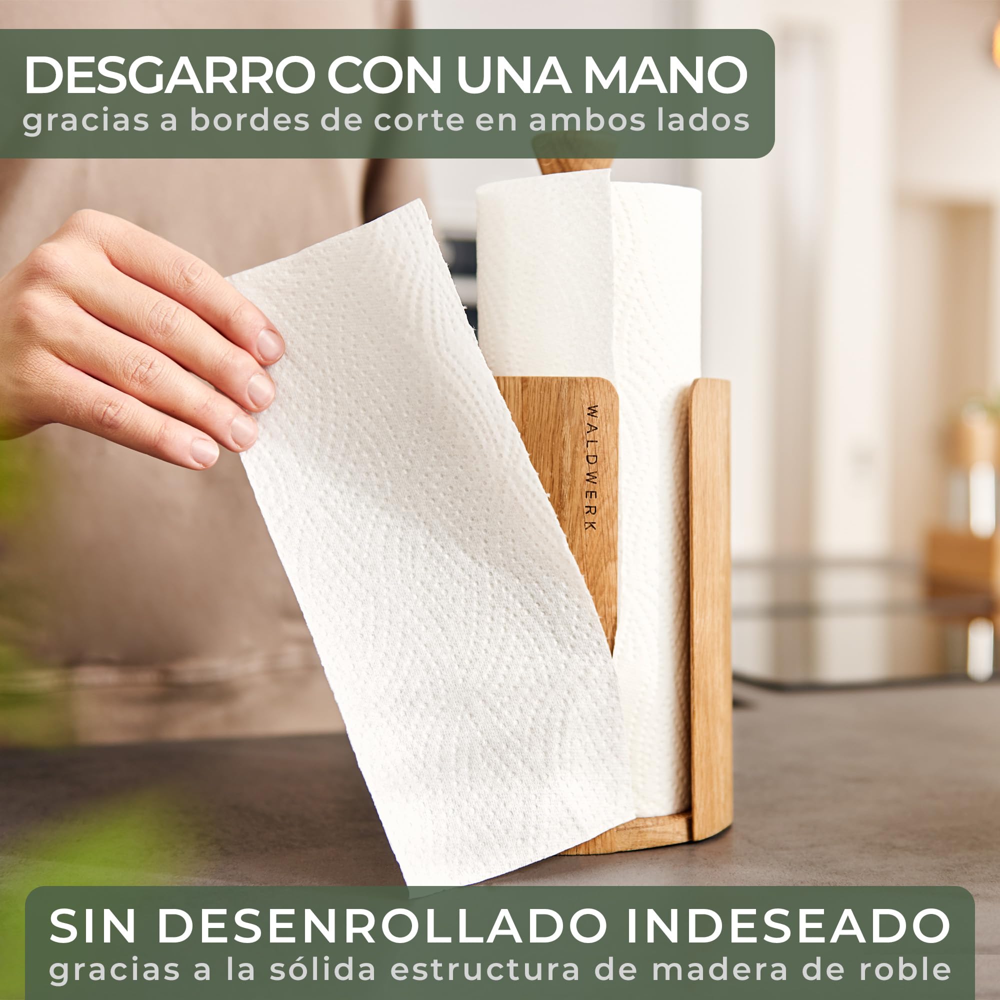 WALDWERK Portarrollos Papel Cocina Diseño – Porta Rollos de Papel Cocina de auténtica Madera de Roble para Todos los Rollos de Cocina estándar – Soporte Papel Cocina sin plástico